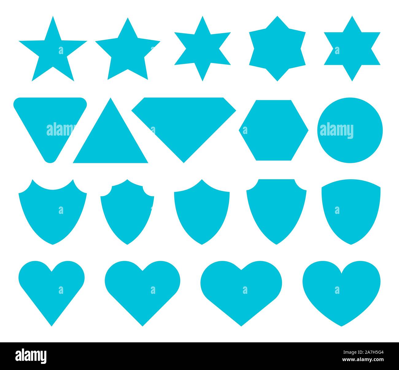 Satz flacher Symbole isoliert. Vector Icons von Sternen, Herzen, Schilde. Stock Vektor