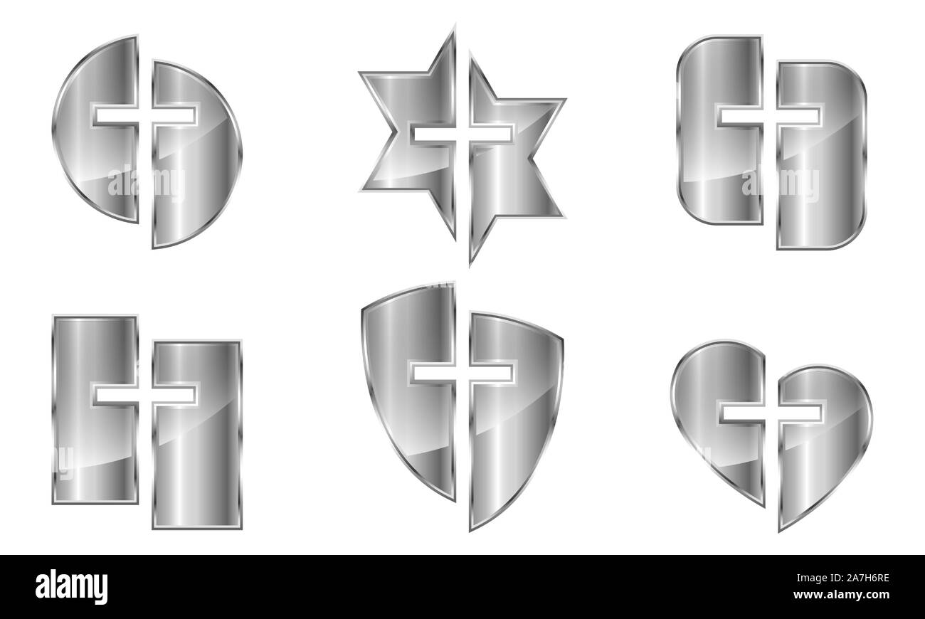 Set aus Metall christliche Symbole isoliert. Vector Illustration. Verschiedene Formen von Silber Symbole mit dem christlichen Kreuz Symbol. Stock Vektor