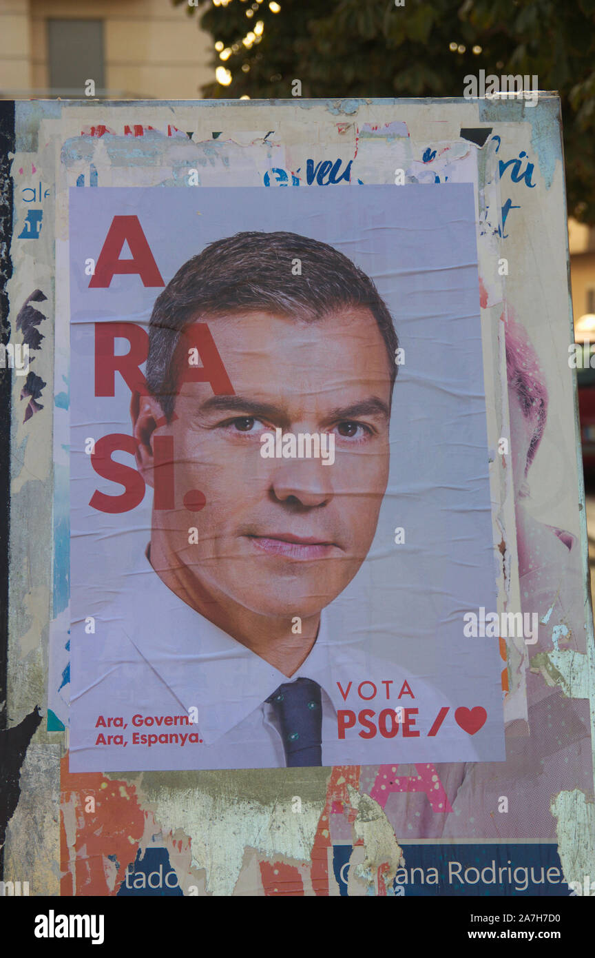 November, 2019. Valencia, Spanien. Wahlen Poster der Sozialistischen Partei (PSOE) für die Wahlen vom 10. November 2019 mit den Kandidatenländern Pedro Sánche Stockfoto