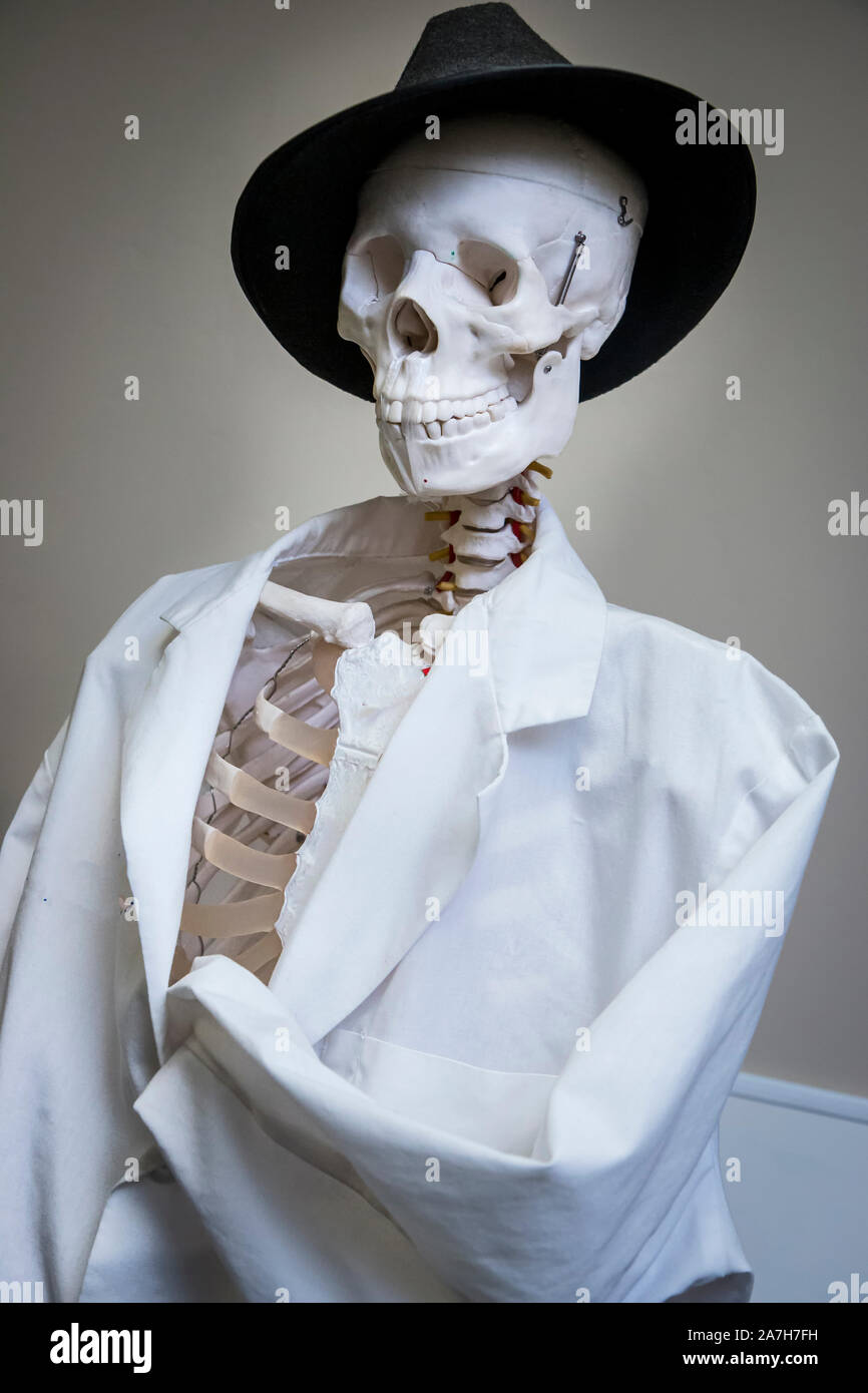 Medizinische Schule Skelett in Vintage schwarzen Hut und Laborkittel gefürchteten Stockfoto