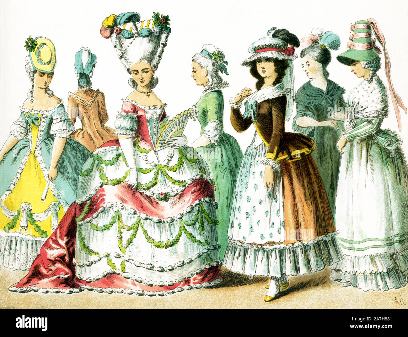 Dargestellt sind hier die französischen Frauen zwischen 1750 und 1800. Sie werden von links nach rechts: vier Damen von Rang, zwei Damen im Jahr 1785, und eine Dame im Jahr 1790. Diese Abbildung stammt aus dem Jahre 1882. Stockfoto
