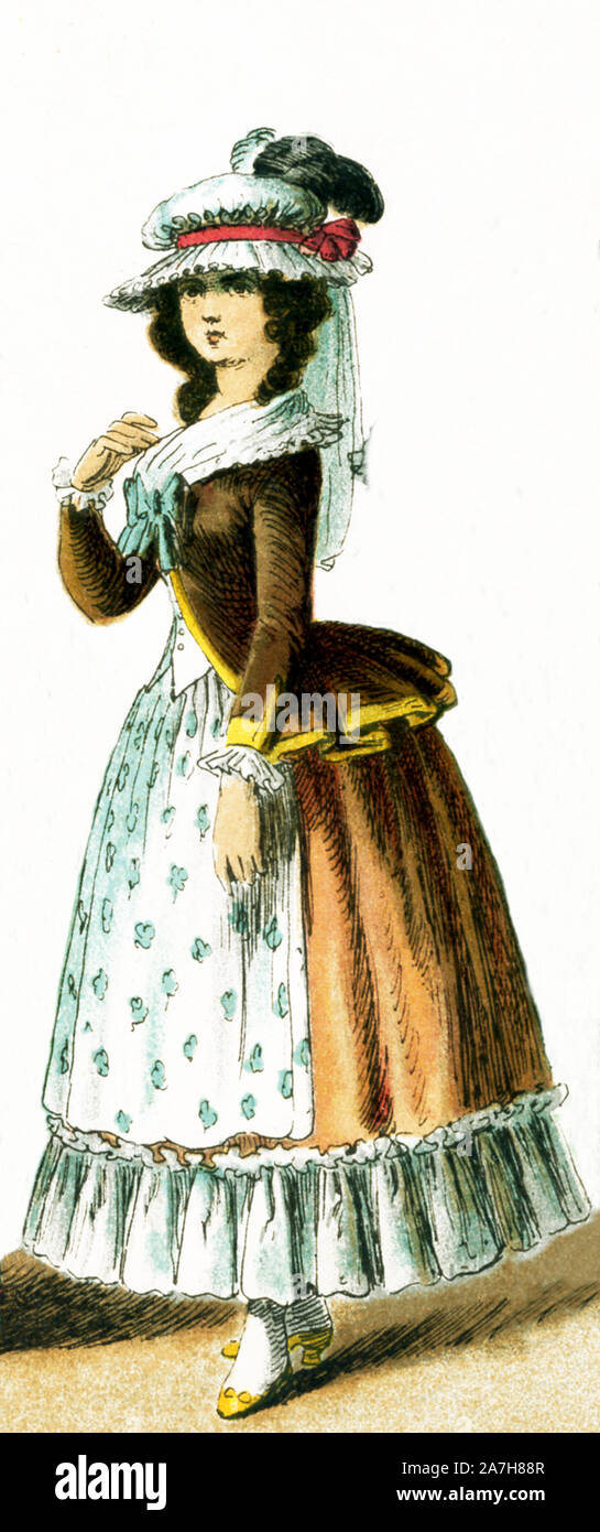 Hier ist eine französische Dame im Jahre 1790. Diese Abbildung stammt aus dem Jahre 1882. Stockfoto