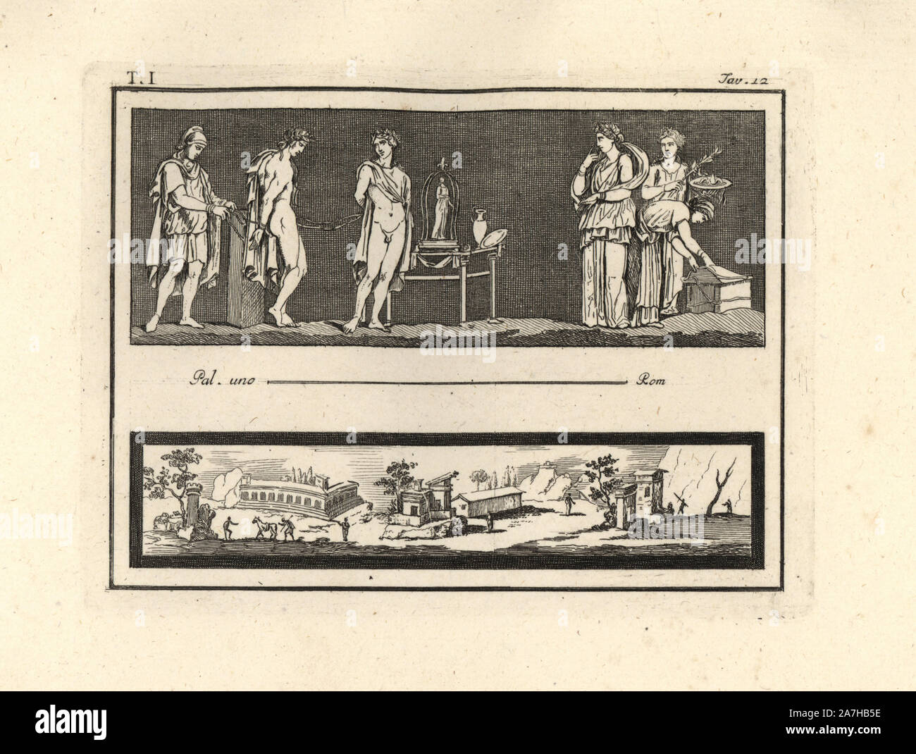 Orest und Pylades, mit den Händen hinter dem Rücken gebunden, geführt von einem Satelliten der Sea King von der Priesterin Iphigenes gereinigt werden. Ihre Statue ist auf dem Tisch mit zwei Vasen, und ihren zwei Minister teilnehmen zu den heiligen Lampe und andere heilige Instrumente. Kupferstich von Tommaso Piroli aus seiner eigenen'Antichita di Ercolano" (altertümer von Herculaneum), Rom, 1789 eingraviert. Italienischen Maler und Kupferstecher Piroli (1752-1824) veröffentlicht sechs Bände zwischen 1789 und 1807 dokumentieren die Wandmalereien und Bronzen in Heraculaneum und Pompeji gefunden. Stockfoto