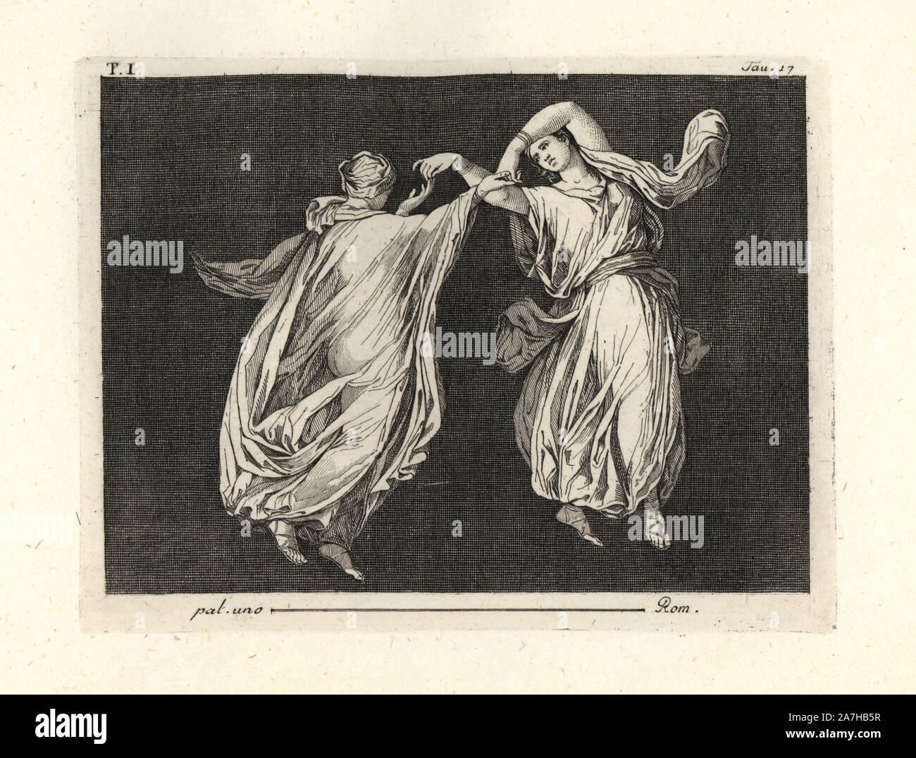 Die Malerei von Wand von einem Raum entfernt, vielleicht ein TRICLINIUM oder im Speisesaal, in einem Haus in Pompeji im Jahre 1749. Es zeigt zwei Tänzer in der feinen transparenten Roben von Grün und Gelb, elegant tanzen zusammen berühren Daumen und Zeigefinger. Kupferstich von Tommaso Piroli aus seiner eigenen'Antichita di Ercolano" (altertümer von Herculaneum), Rom, 1789 eingraviert. Italienischen Maler und Kupferstecher Piroli (1752-1824) veröffentlicht sechs Bände zwischen 1789 und 1807 dokumentieren die Wandmalereien und Bronzen in Heraculaneum und Pompeji gefunden. Stockfoto