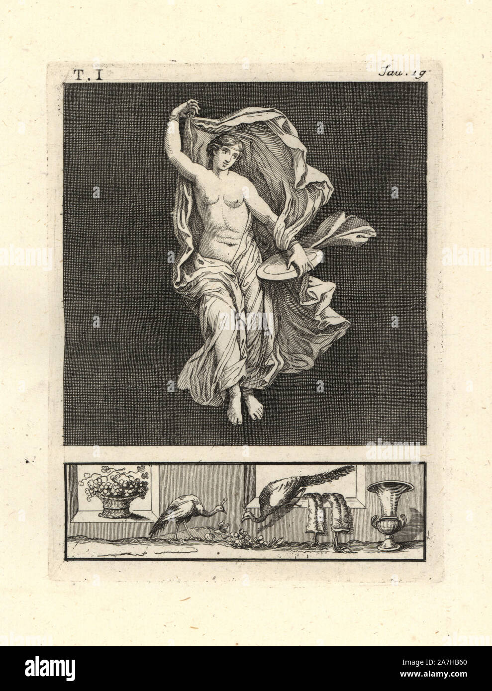 Die Malerei von Wand von einem Raum entfernt, vielleicht ein TRICLINIUM oder im Speisesaal, in einem Haus in Pompeji im Jahre 1749. Es zeigt Venus, oder Tänzer oder bacchant, Ihr, Tanzen anmutig mit einer Festplatte von Gold und Blau durchscheinenden Schleier. Kupferstich von Tommaso Piroli aus seiner eigenen'Antichita di Ercolano" (altertümer von Herculaneum), Rom, 1789 eingraviert. Italienischen Maler und Kupferstecher Piroli (1752-1824) veröffentlicht sechs Bände zwischen 1789 und 1807 dokumentieren die Wandmalereien und Bronzen in Heraculaneum und Pompeji gefunden. Stockfoto