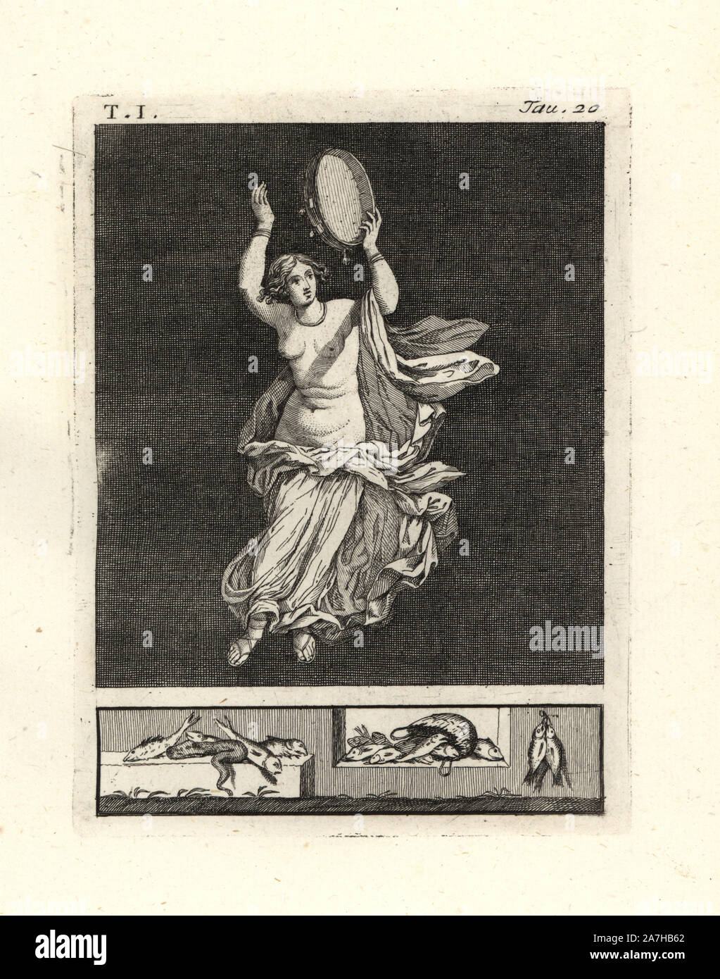 Die Malerei von Wand von einem Raum entfernt, vielleicht ein TRICLINIUM oder im Speisesaal, in einem Haus in Pompeji im Jahre 1749. Es zeigt eine bacchant Tänzer ein tympanon oder Tamburin mit ihrer Hand. Sie trägt ein Halsband und Armbänder und eine feine Bademantel in Weiß mit Rot, die Farbe des Bacchus. Kupferstich von Tommaso Piroli aus seiner eigenen'Antichita di Ercolano" (altertümer von Herculaneum), Rom, 1789 eingraviert. Italienischen Maler und Kupferstecher Piroli (1752-1824) veröffentlicht sechs Bände zwischen 1789 und 1807 dokumentieren die Wandmalereien und Bronzen in Heraculaneum und Pompeji gefunden. Stockfoto