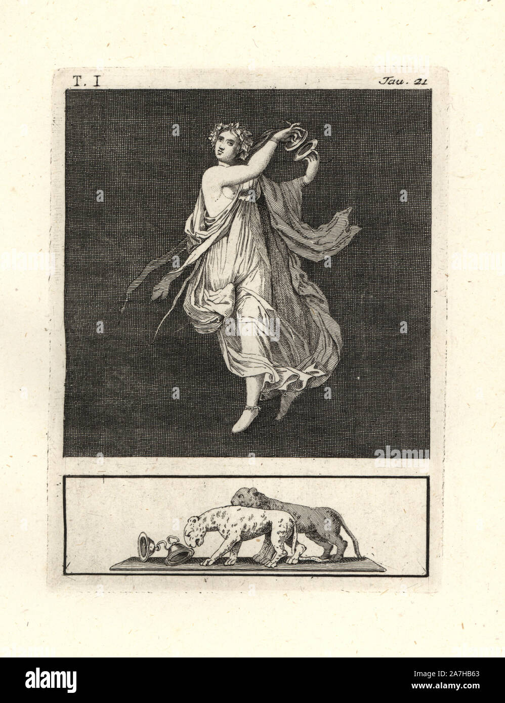 Die Malerei von Wand von einem Raum entfernt, vielleicht ein TRICLINIUM oder im Speisesaal, in einem Haus in Pompeji im Jahre 1749. Es zeigt eine bacchant Tänzerin markante Becken zusammen. Sie trägt einen Kranz von Efeu, eine Halskette und Ohrringe und eine feine blaue Robe mit einem Tier Haut bedeckt. Die Vignette zeigt zwei Löwinnen mit Zimbeln. Kupferstich von Tommaso Piroli aus seiner eigenen'Antichita di Ercolano" (altertümer von Herculaneum), Rom, 1789 eingraviert. Italienischen Maler und Kupferstecher Piroli (1752-1824) veröffentlicht sechs Bände zwischen 1789 und 1807 dokumentieren die Wandmalereien und Bronzen in Heraculaneum und Pompeji gefunden. Stockfoto