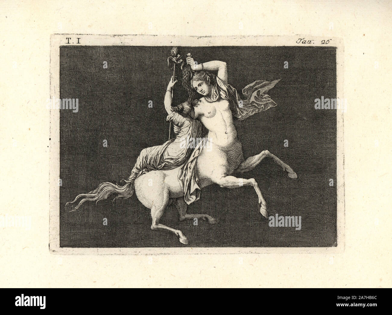 Die Malerei von Wand von einem Raum entfernt, vielleicht ein TRICLINIUM oder im Speisesaal, in einem Haus in Pompeji im Jahre 1749. Es zeigt einen weiblichen Zentaur oder centauress Durchführung einer bacchant Durchführung eines thyrsus oder Personal. Die centauress hält einen Zweig von Laub in der linken Hand und mit der rechten Hand Vorhänge eine Girlande unter den Arm des bacchant. Kupferstich von Tommaso Piroli aus seiner eigenen'Antichita di Ercolano" (altertümer von Herculaneum), Rom, 1789 eingraviert. Italienischen Maler und Kupferstecher Piroli (1752-1824) veröffentlicht sechs Bände zwischen 1789 und 1807 dokumentieren die Wandmalereien und Bronzen in Heraculaneum und Pompeji gefunden Stockfoto