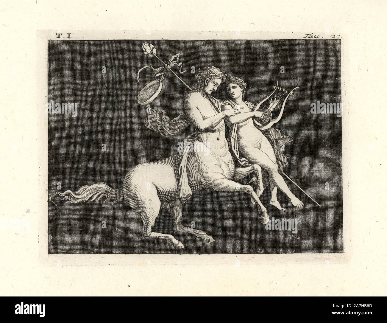 Die Malerei von Wand von einem Raum entfernt, vielleicht ein TRICLINIUM oder im Speisesaal, in einem Haus in Pompeji im Jahre 1749. Centaur mit einem Jugend- und lehre ihn die Leier zu spielen, wie Chiron Achilles gelehrt. Der Junge hält einen thyrsus mit einem Band und einem gold Tympanon drum eingerichtet. Kupferstich von Tommaso Piroli aus seiner eigenen'Antichita di Ercolano" (altertümer von Herculaneum), Rom, 1789 eingraviert. Italienischen Maler und Kupferstecher Piroli (1752-1824) veröffentlicht sechs Bände zwischen 1789 und 1807 dokumentieren die Wandmalereien und Bronzen in Heraculaneum und Pompeji gefunden. Stockfoto