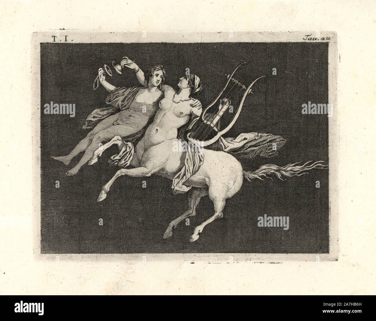 Die Malerei von Wand von einem Raum entfernt, vielleicht ein TRICLINIUM oder im Speisesaal, in einem Haus in Pompeji im Jahre 1749. Centauress, ein junger Mann, spielen die Leier mit einer Hand und sich überschneidenden Becken mit der anderen. Kupferstich von Tommaso Piroli aus seiner eigenen'Antichita di Ercolano" (altertümer von Herculaneum), Rom, 1789 eingraviert. Italienischen Maler und Kupferstecher Piroli (1752-1824) veröffentlicht sechs Bände zwischen 1789 und 1807 dokumentieren die Wandmalereien und Bronzen in Heraculaneum und Pompeji gefunden. Stockfoto