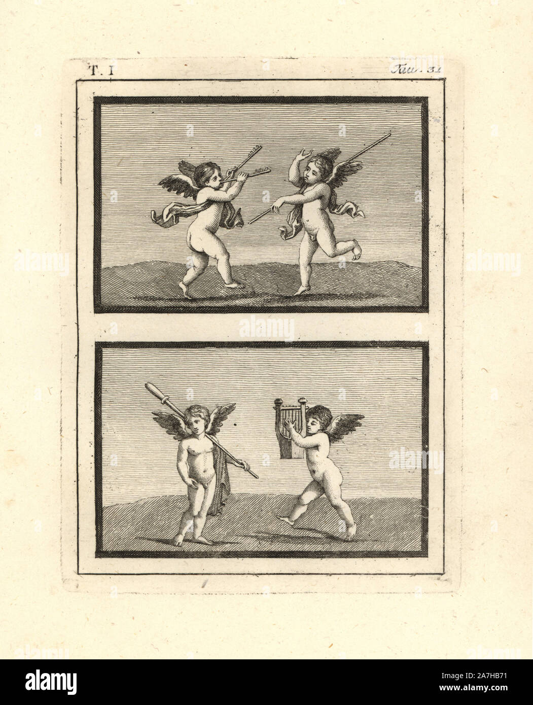 Gemälde von amoretten oder genii spielen in Resina 1748 entdeckt. Amor spielen Musik auf verschiedene Instrumente, wie eine Leier und kodiert, Flöte, während andere Tanz mit langen Zepter. Kupferstich von Tommaso Piroli aus seiner eigenen'Antichita di Ercolano" (altertümer von Herculaneum), Rom, 1789 eingraviert. Italienischen Maler und Kupferstecher Piroli (1752-1824) veröffentlicht sechs Bände zwischen 1789 und 1807 dokumentieren die Wandmalereien und Bronzen in Heraculaneum und Pompeji gefunden. Stockfoto