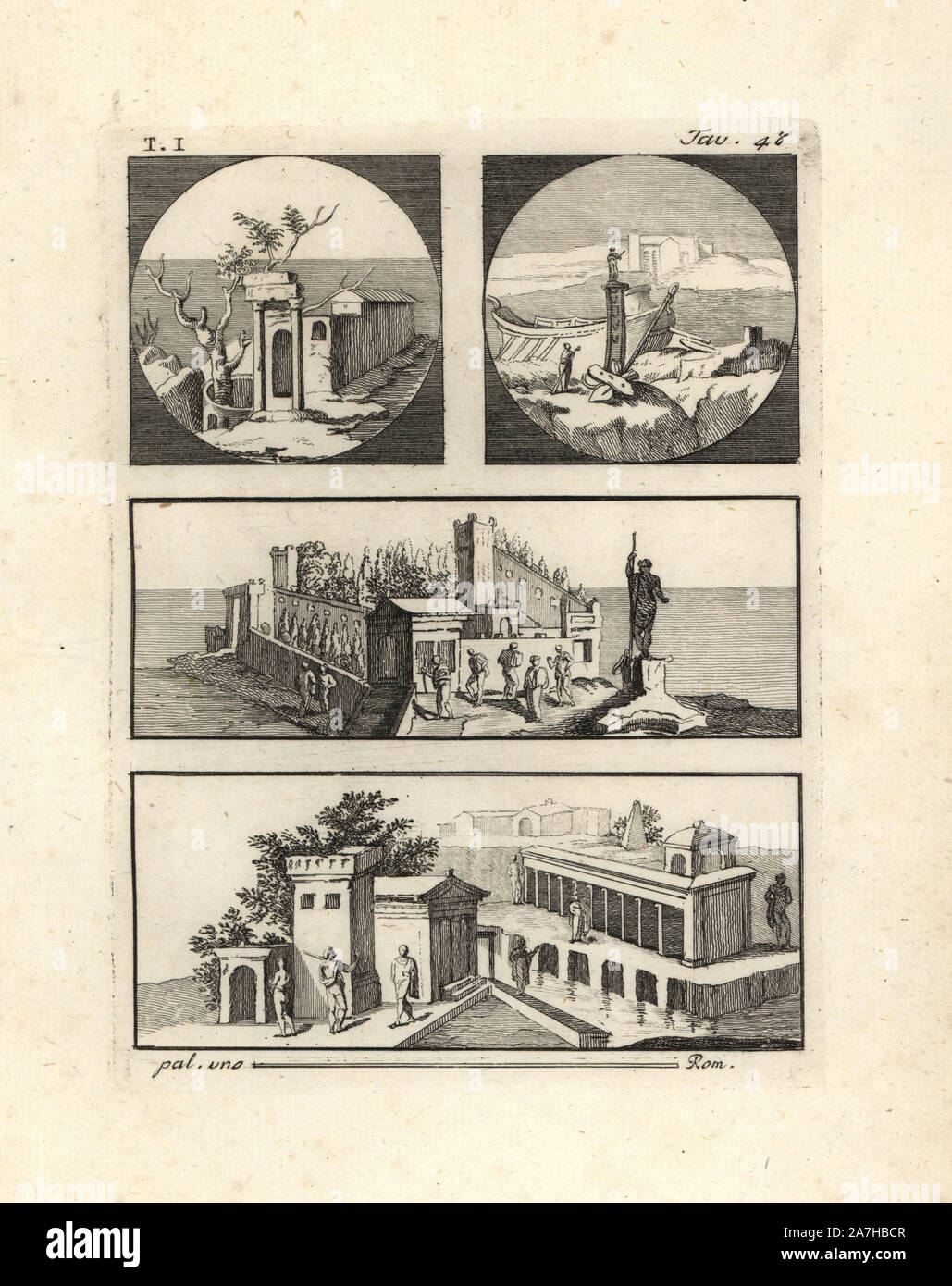 Oben links zeigt eine Landschaft mit zwei Säulen, die einen architrav vor Ruinen, und oben rechts zeigt eine Statue, die eine Leucothea werden könnte, mit einem Schiff auf dem Meer und ein Landhaus. Die Mitteltafel zeigt ein wunderschönes Landhaus, mit mehreren Charakteren und einer Statue von Neptun. Die Unterseite zeigt ein viereckiger Turm mit Windows, ein Gebäude mit Arkaden im Wasser unterstützt, und ein Grab in der Ferne. Kupferstich von Tommaso Piroli aus seiner eigenen'Antichita di Ercolano" (altertümer von Herculaneum), Rom, 1789 eingraviert. Italienischen Maler und Kupferstecher Piroli (1752-1824) Sechs volu veröffentlicht. Stockfoto