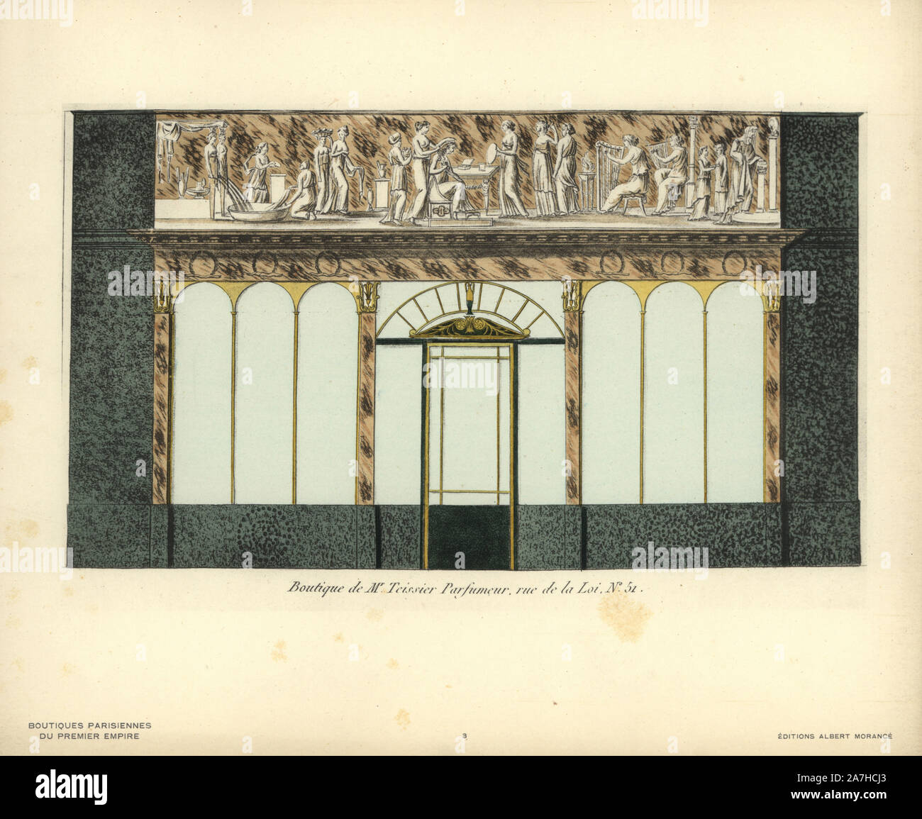 Shopfront zu Teissier die Parfümerie, 51 rue de la Loi, Paris, 1805. Papierkörbe Lithographie von Hector-Martin Lefuel's 'Boutiquen Parisiennes du Premier Empire," (Pariser Geschäfte des Ersten Empire), Paris, Albert Morance, 1925. Die Lithographien wurden von Aquarellen von dem französischen Architekten Hector-Martin Lefuel (1810-1880), berühmt für seine Arbeit an der Fertigstellung des Louvre und Fontainebleau. Stockfoto