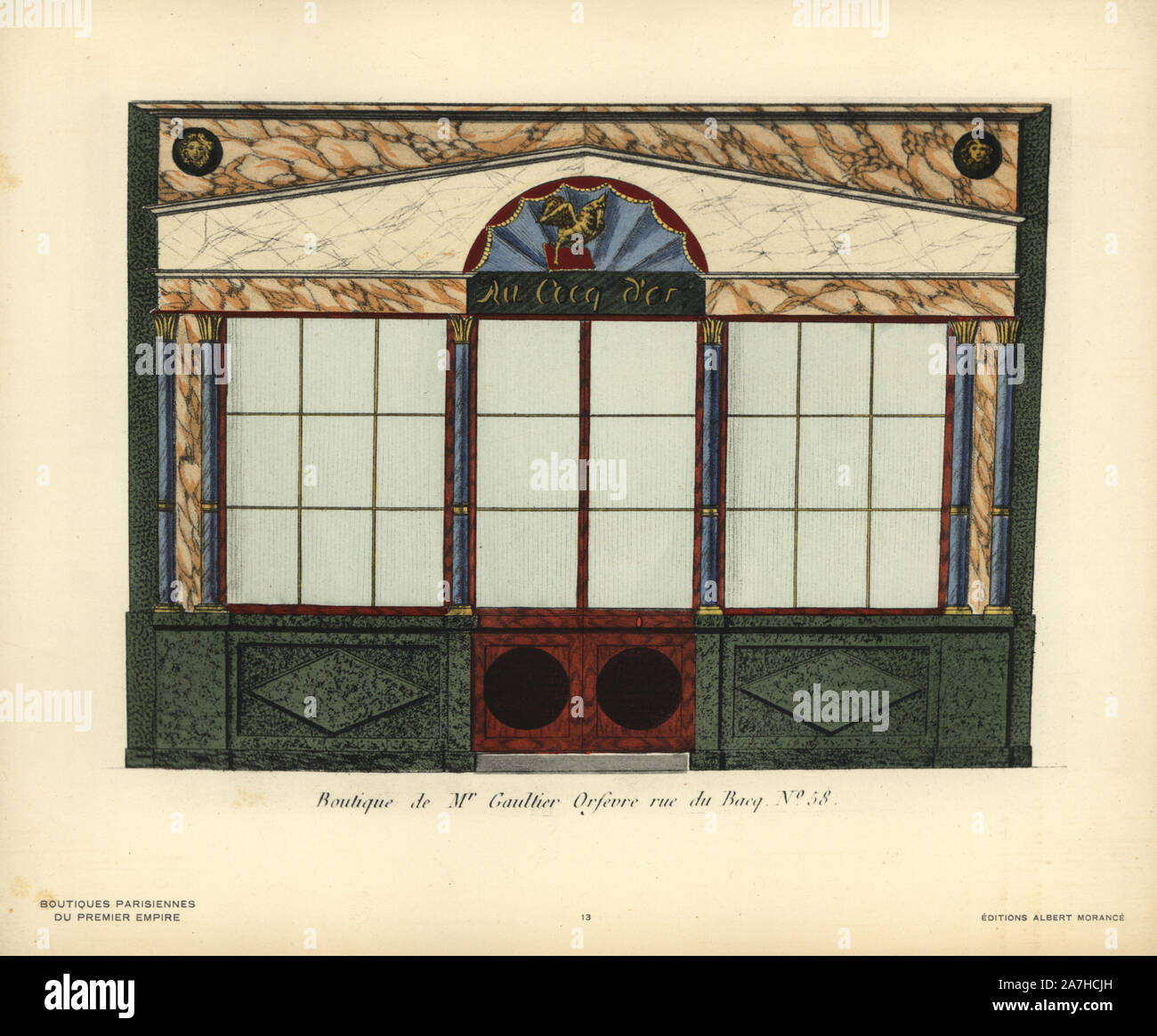 Shopfront von Monsieur Gaultier Goldsmith's, 58 rue de Bacq, Paris, 1805. Papierkörbe Lithographie von Hector-Martin Lefuel's 'Boutiquen Parisiennes du Premier Empire," (Pariser Geschäfte des Ersten Empire), Paris, Albert Morance, 1925. Die Lithographien wurden von Aquarellen von dem französischen Architekten Hector-Martin Lefuel (1810-1880), berühmt für seine Arbeit an der Fertigstellung des Louvre und Fontainebleau. Stockfoto