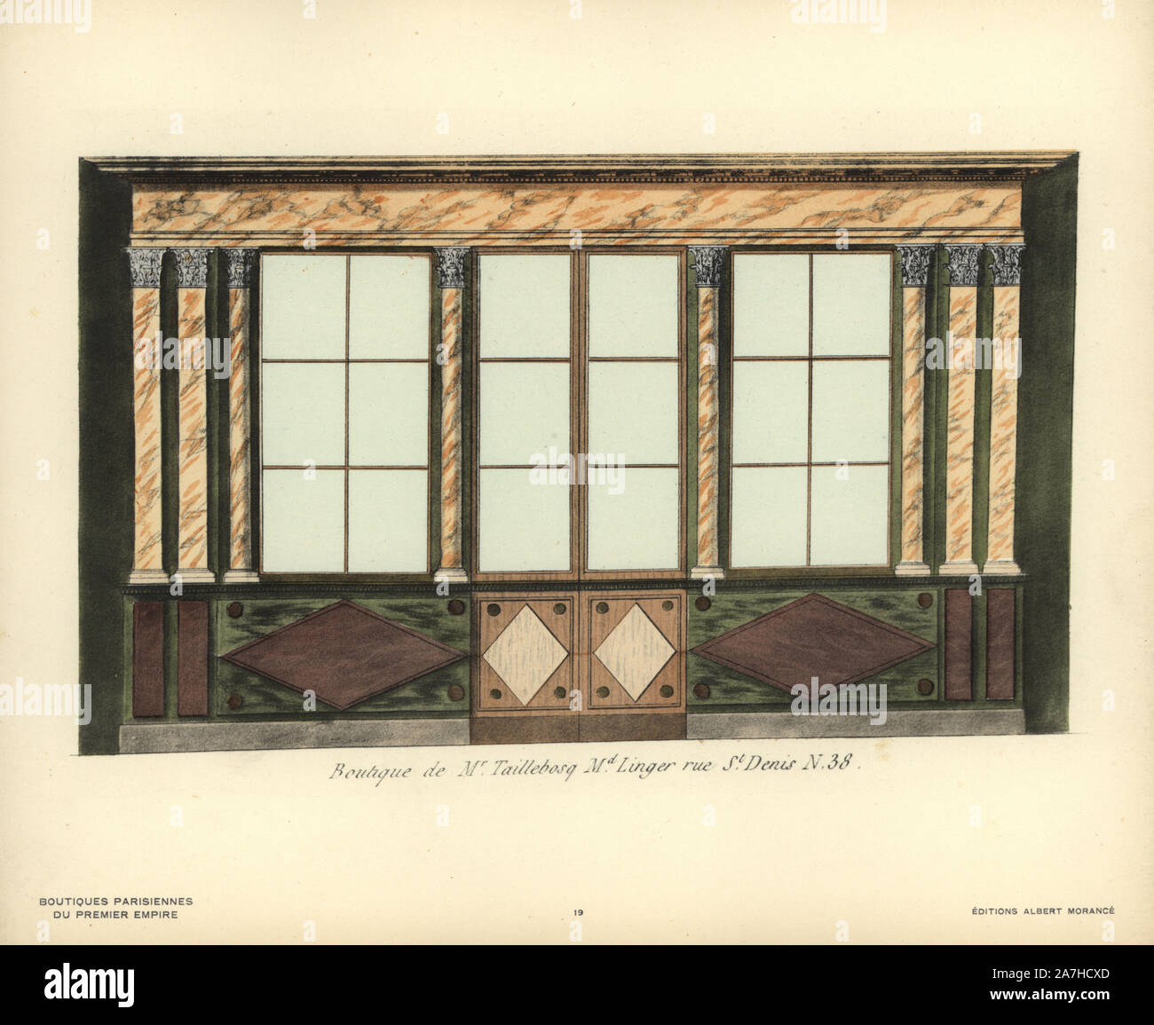 Shopfront von Monsieur Taillebosq's Stoff store, 38 Rue St. Denis, Paris, 1805. Papierkörbe Lithographie von Hector-Martin Lefuel's 'Boutiquen Parisiennes du Premier Empire," (Pariser Geschäfte des Ersten Empire), Paris, Albert Morance, 1925. Die Lithographien wurden von Aquarellen von dem französischen Architekten Hector-Martin Lefuel (1810-1880), berühmt für seine Arbeit an der Fertigstellung des Louvre und Fontainebleau. Stockfoto