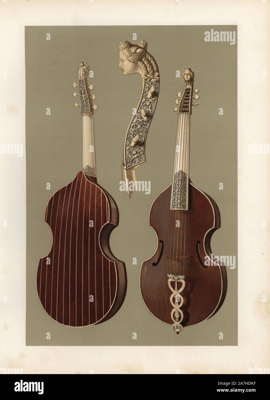 Viola da Gamba oder baßgambe mit geschnitztem Elfenbein, Kopf und Hals. Chromolithograph aus einer Abbildung von William Gibb von A.J. Hipkins ''Musical Instrumente, historischen, seltenen und einzigartigen "Adam und Karl Schwarz, Edinburgh, 1888. Alfred James Hipkins (1826-1903) war ein englischer Musikwissenschaftler, die in der Geschichte der Klavier und andere Instrumente spezialisiert. William Gibb war ein Meister Illustrator und chromolithographer und Illustrierte "das Königshaus von Stuart' (1890), "Naval und militärischen Trophäen' (1896) und andere. Stockfoto