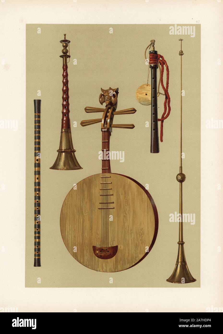 Chinesischen ti-tzu (Flöte), so-na (Oboe), yueh-Ch'in (Laute oder Gitarre), la-pa (Trompete), und die japanischen hiji - riki. Chromolithograph aus einer Abbildung von William Gibb von A.J. Hipkins ''Musical Instrumente, historischen, seltenen und einzigartigen "Adam und Karl Schwarz, Edinburgh, 1888. Alfred James Hipkins (1826-1903) war ein englischer Musikwissenschaftler, die in der Geschichte der Klavier und andere Instrumente spezialisiert. William Gibb war ein Meister Illustrator und chromolithographer und Illustrierte "das Königshaus von Stuart' (1890), "Naval und militärischen Trophäen' (1896) und andere. Stockfoto