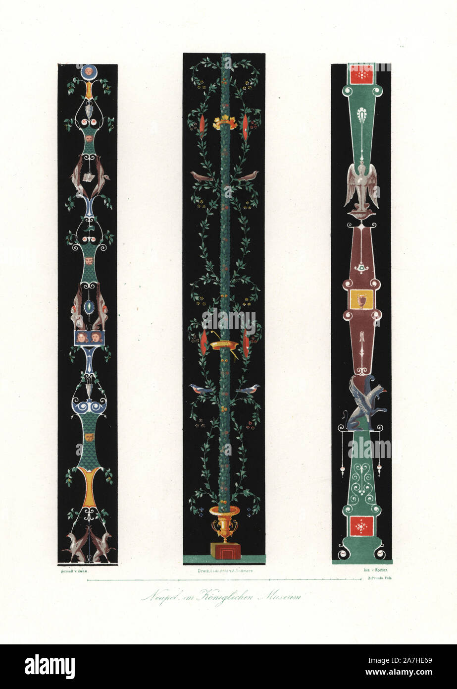 Wandgemälde aus Pompeji (ca. 300 v. Chr. bis AD 79) Jetzt im Königlichen Museum in Neapel. Papierkörbe Lithographie von Konter aus einer Abbildung von Wilhelm Zahn in seinem eigenen 'Ornamente aller klassischen Kunst-Epochen nach den Originalen in Human Eigenthumlichen Farben dargestellt" (Ornamente aller klassischen Kunst Epochen nach dem Originale und in der richtigen Farbe dargestellt.), Dietrich Reimer, Berlin, 1870. Es umfasst Innenausstattung von Giulio Romano im Palazzo del Te, Mantua, mittelalterlichen Mosaiken in Sizilien, und Römische Wandmalereien aus Pompeji und Herculaneum. Wilhelm Zahn (1800-1871) war ein deutscher Ein Stockfoto