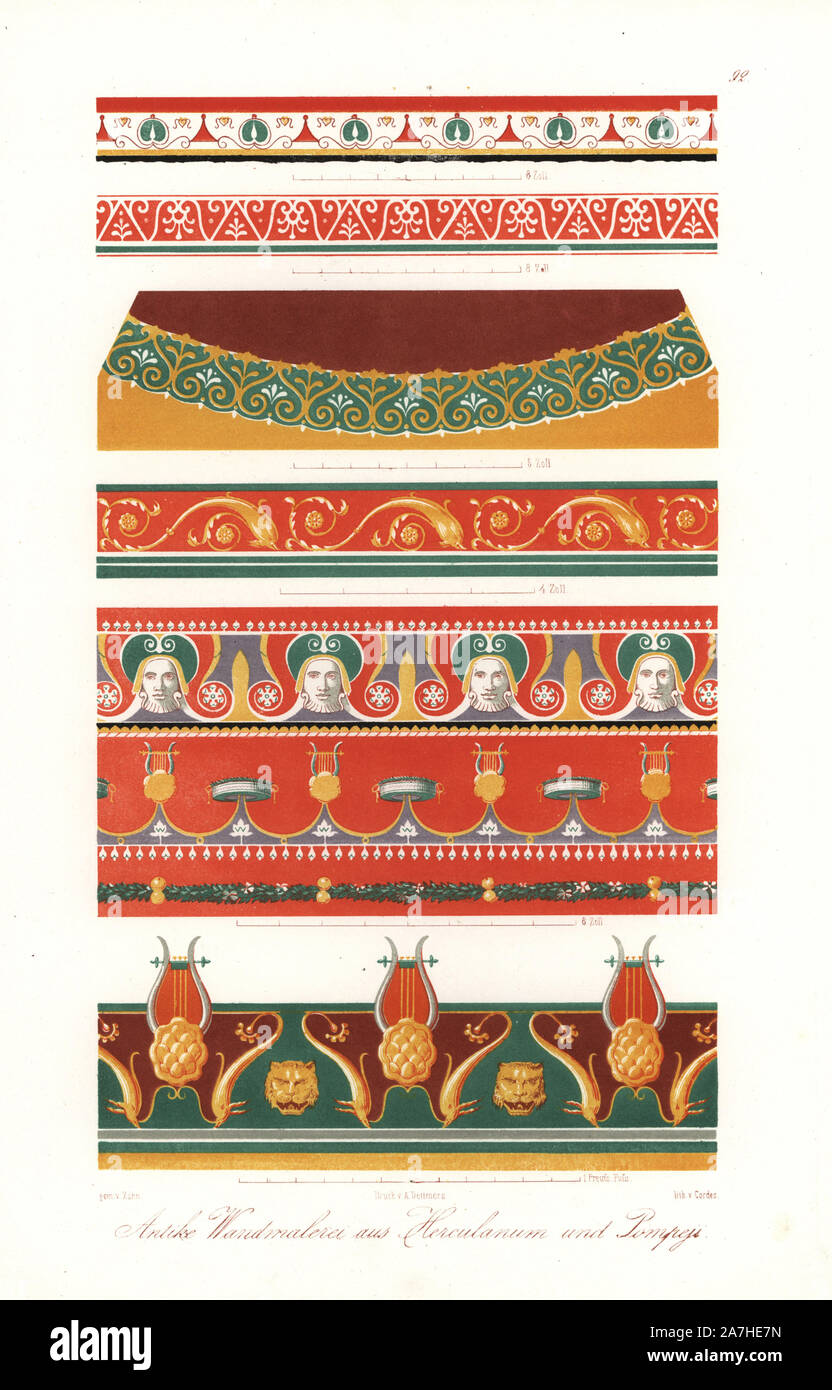Wandgemälde aus Pompeji und Heraculaneum (ca. 300 v. Chr. bis AD 79): Fries mit Tierköpfen vom Haus von Castor und Pollux, Fries mit Delfinen vom Pantheon, etc. Handkoloriert Lithographie von Cordes aus eine Illustration von Wilhelm Zahn in seinem eigenen 'Ornamente aller klassischen Kunst-Epochen nach den Originalen in Human Eigenthumlichen Farben dargestellt" (Ornamente aller klassischen Kunst Epochen nach dem Originale und in der richtigen Farbe dargestellt.), Dietrich Reimer, Berlin, 1870. Es umfasst Innenausstattung von Giulio Romano im Palazzo del Te, Mantua, mittelalterlichen Mosaiken in Sizilien, und Stockfoto
