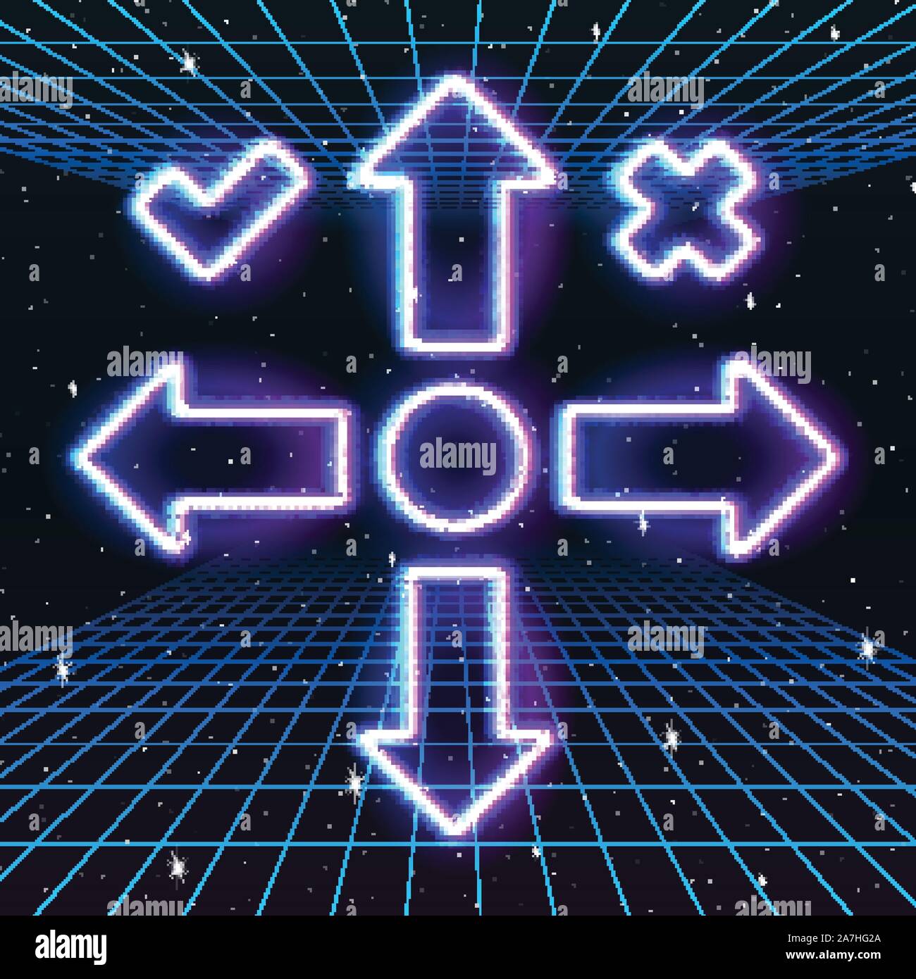 Pfeil oder Cursor-Symbole mit Retro 80s neon Spiel Stil Stock Vektor