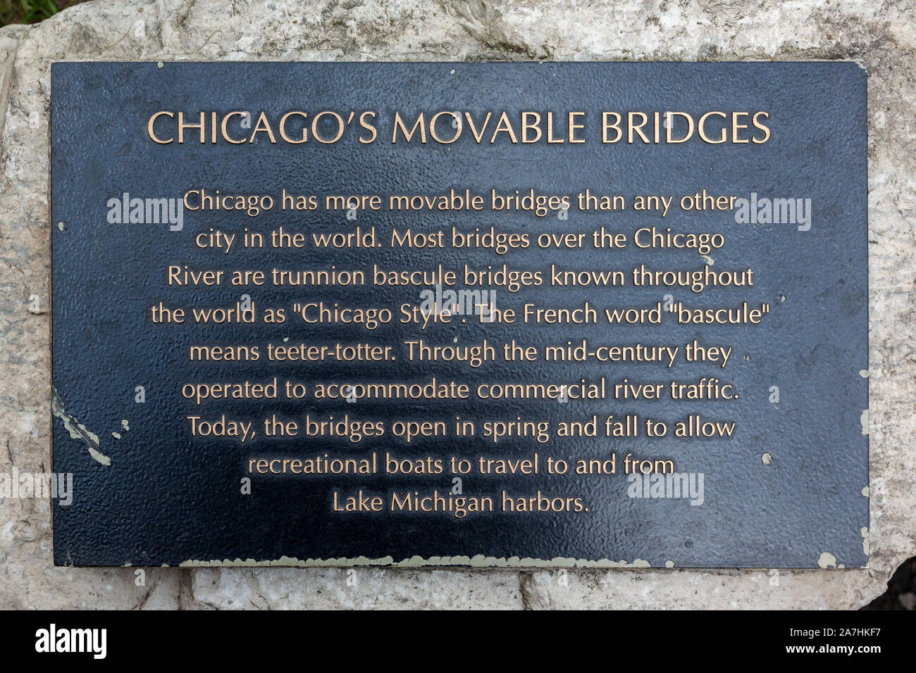 Chicago Hinweisschild auf Chicagos bewegliche Brücken Stockfoto