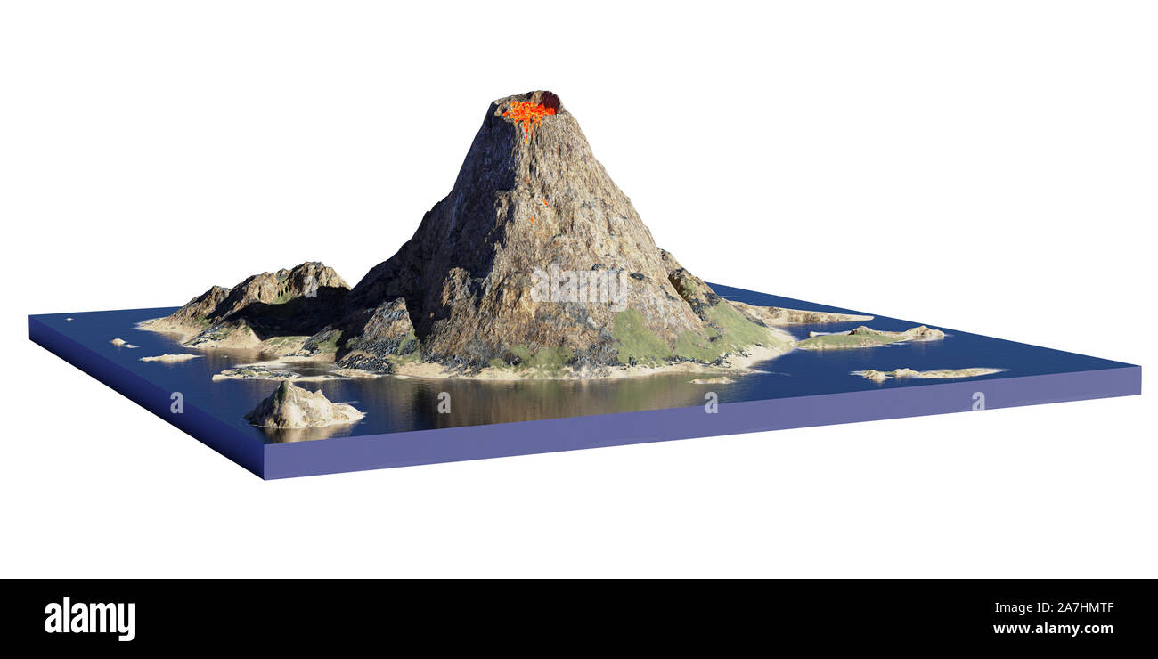 Vulkan ausbricht Lava, Querschnitt Modell einer Insel mit Vulkanismus auf weißem Hintergrund Stockfoto