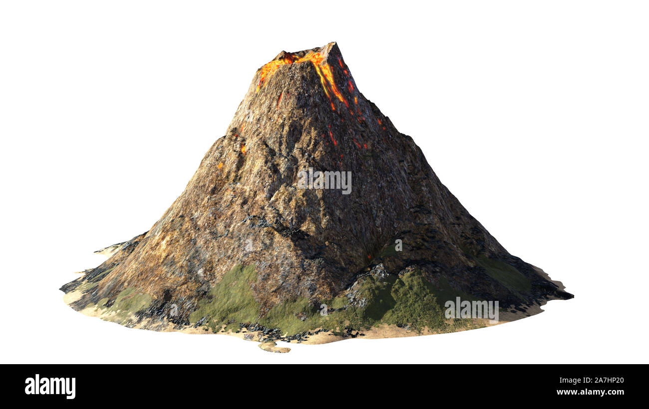 Vulkanausbruch, Lava einen Vulkan, auf weißem Hintergrund Stockfoto