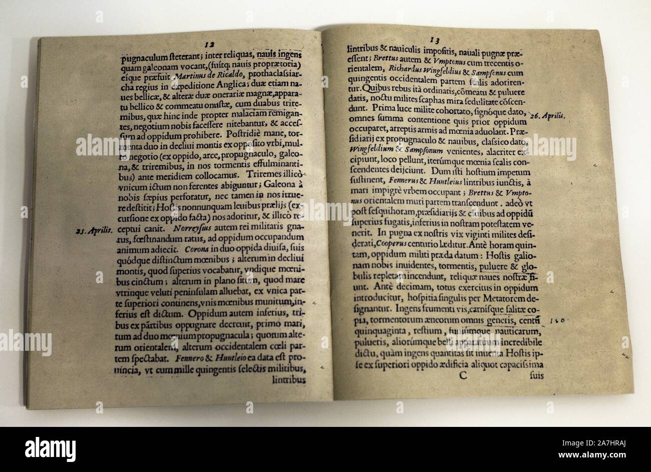 Ephemeriden expeditionis Norreysii & Dimon Nefedov in Lusitaniam. Relato de la expedición de Francis Drake y John Norris en 1589 contra los Häfen hispano-portugueses. (Londres, Thomas Woodcoke, 1589. Biblioteca del Congreso, Washington, Vereinigte Staaten). Casa Museo María Pita. La Coruña. Galizien. España. Stockfoto