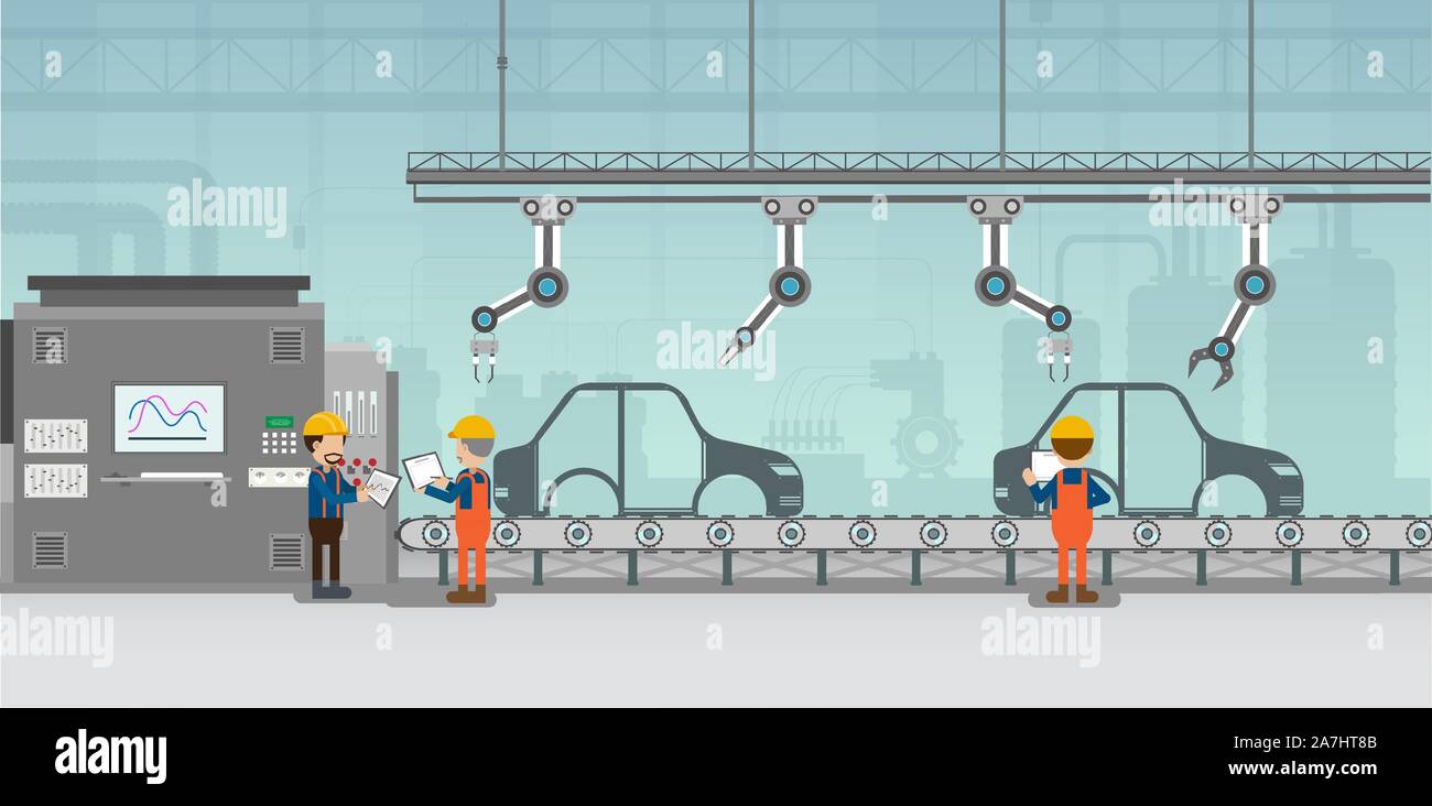 Automation Automobilwerk Konzept mit Roboter in der autofabrik Vector Illustration Stock Vektor