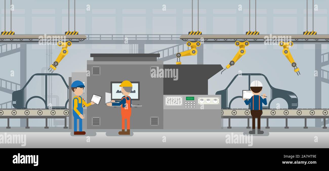 Automation Automobilwerk Konzept mit Roboter in der autofabrik Vector Illustration Stock Vektor