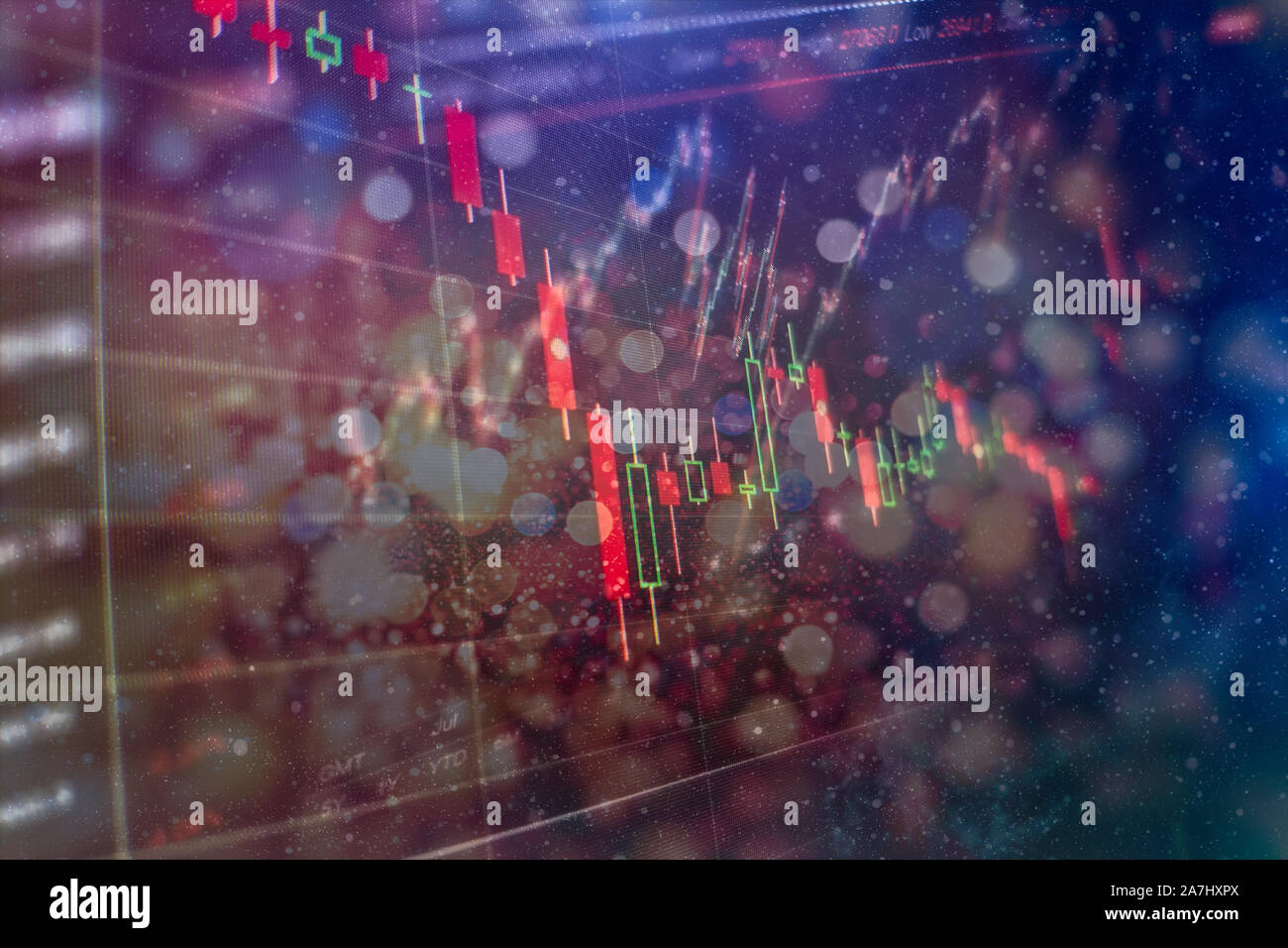 Handel Grafiken und digitalen Zahl auf dem Monitor. Hintergrund von Gold und Blau digital chart Börse trend zu vertreten. Stockfoto