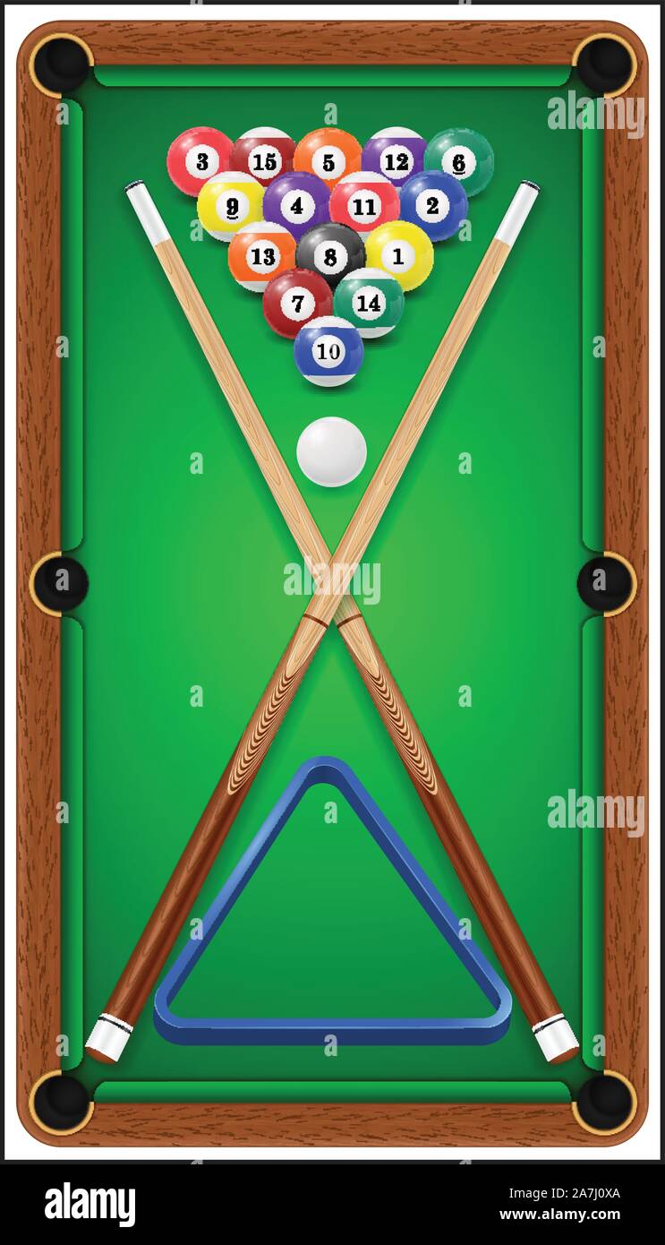 Billard. Billard Kugeln, Cue und Billard Dreieck in einem Billardtisch. Vector Illustration Stock Vektor