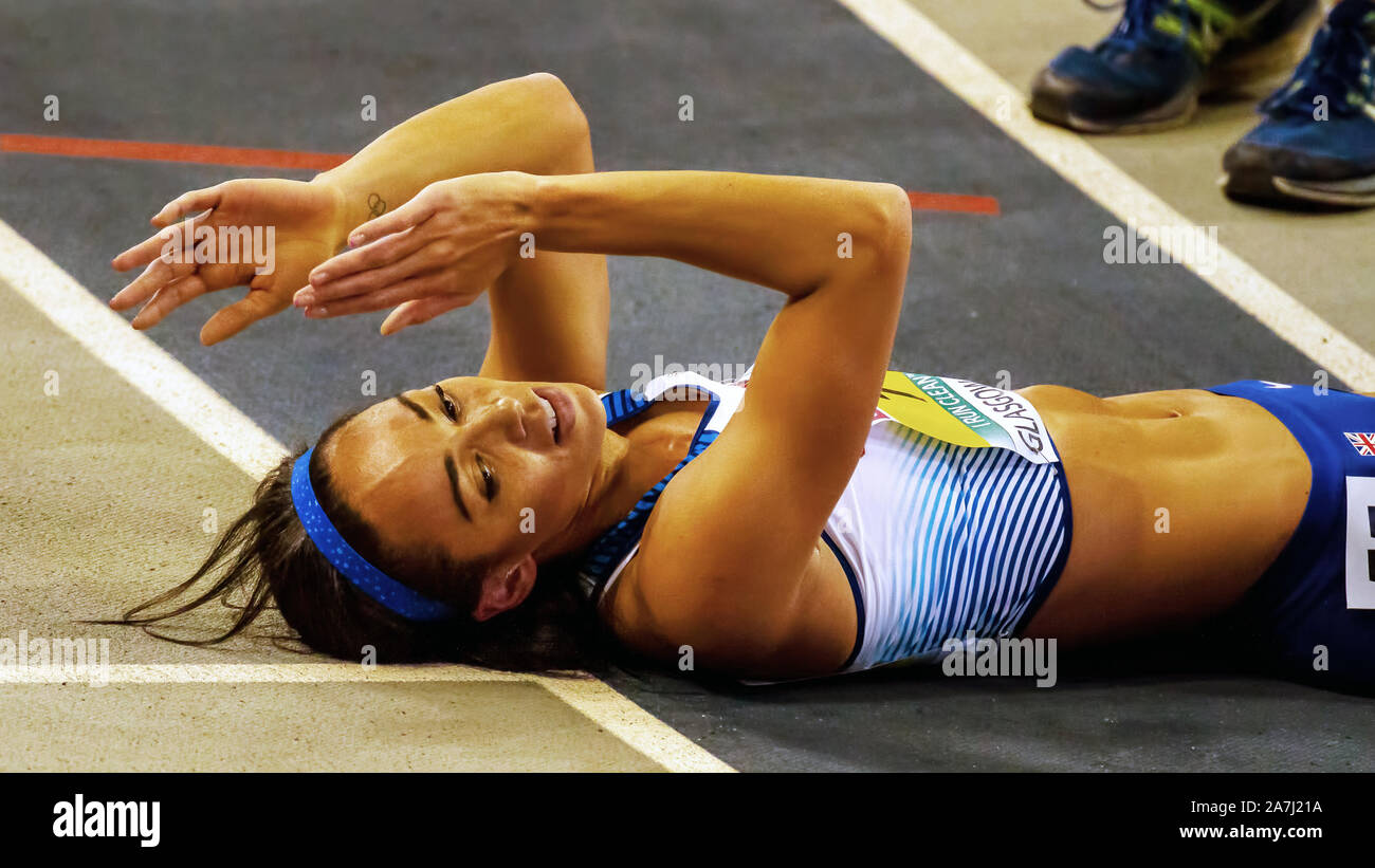 Großbritanniens Katarina Johnson-Thompson nach konkurrierenden bei Tag 1 der Glasgow 2019 Leichtathletik Hallen- Meisterschaften, im Emirates Stadion. Iain McGuinness/Alamy leben Nachrichten Stockfoto