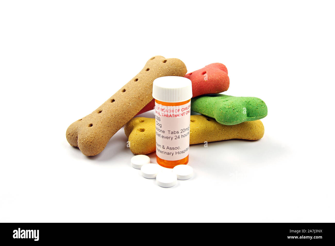 Pet-Medikation mit Pille Container und Pillen auf weißem Hintergrund Stockfoto