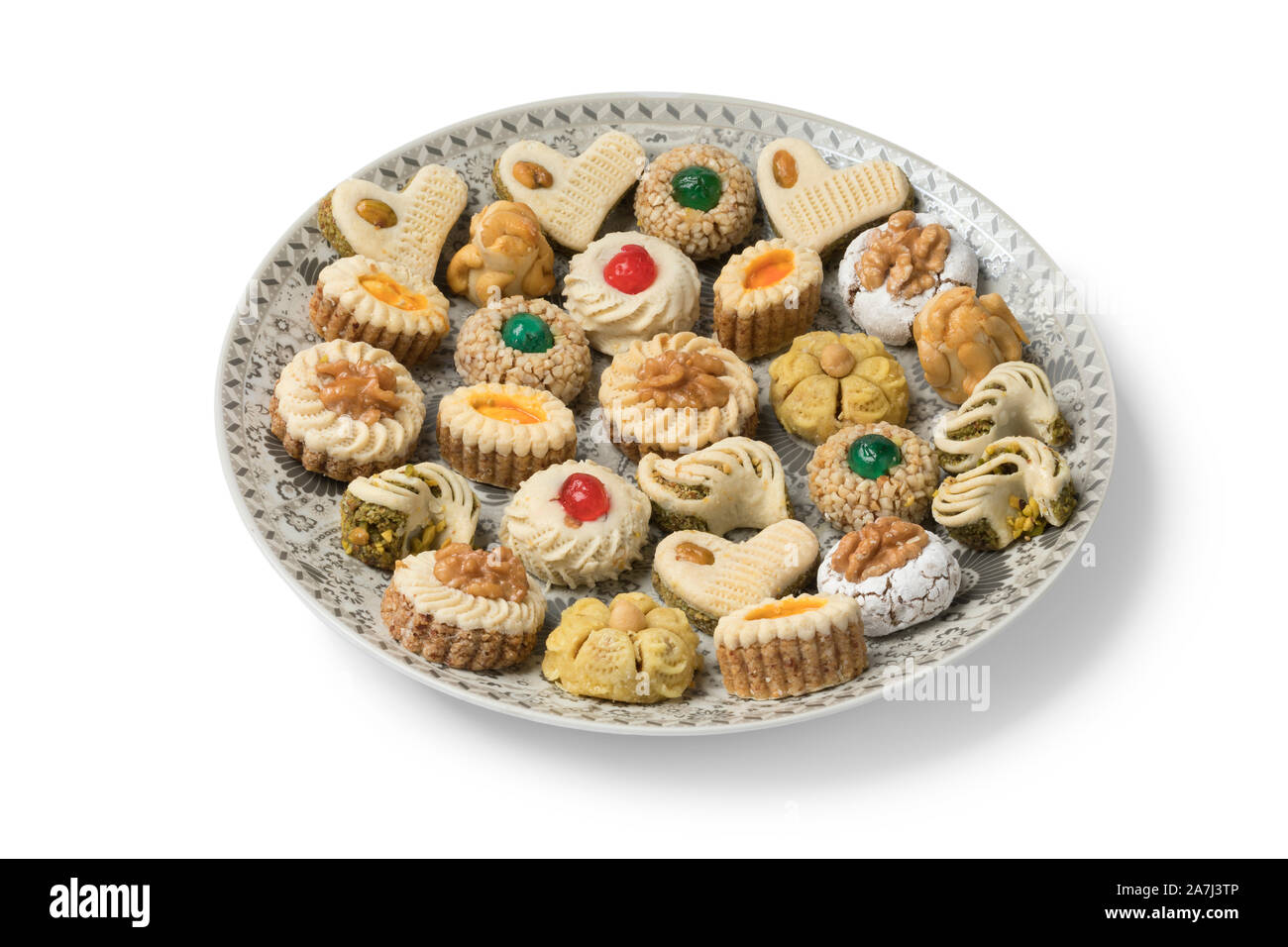 Vielfalt der traditionellen festlichen Marokkanischen Cookies auf weißem Hintergrund Stockfoto