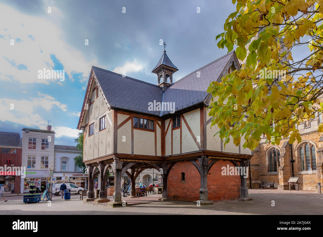 Die alte Grammer school in Market Harborough, Leicestershire. Auf ein stumpfes bewölkt Nachmittag. Stockfoto