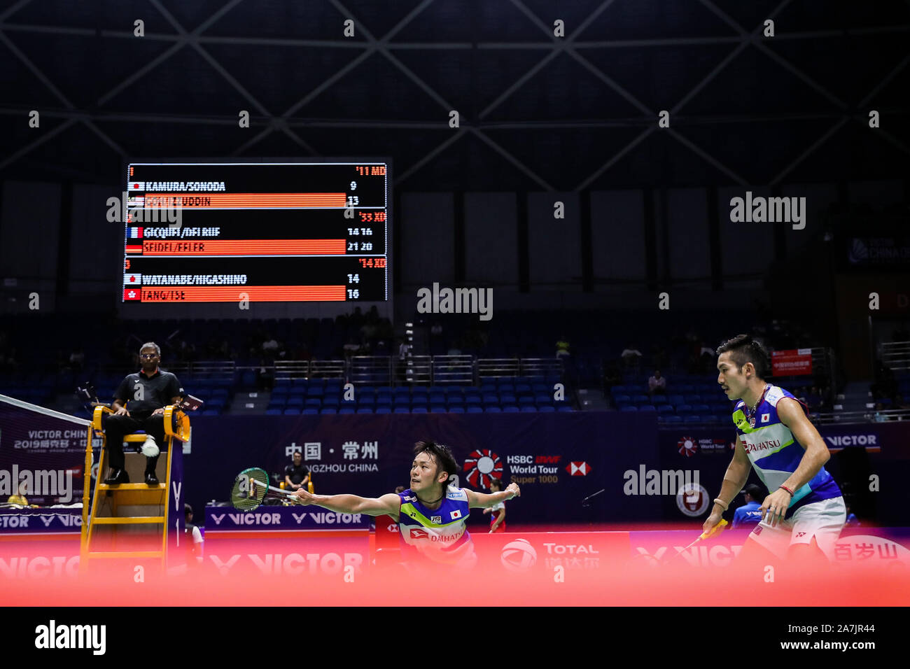 Japanische professionelle Badminton Spieler Takeshi Kamura und Keigo