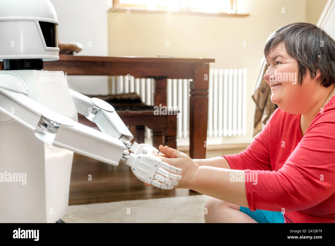 Medical Service Roboter ist eine geistig behinderte Frau die Hand, Lernen mit künstlicher Intelligenz Stockfoto