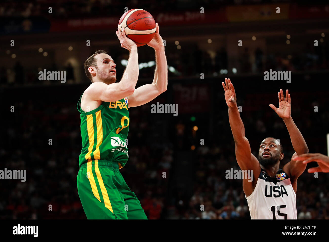 Brazilian-Italian professioneller Basketballspieler Marcelo Huertas, Grün, springt in die Kerbe an der zweiten Runde der Gruppe K America vs Brasilien 2019 FIBA Bas Stockfoto