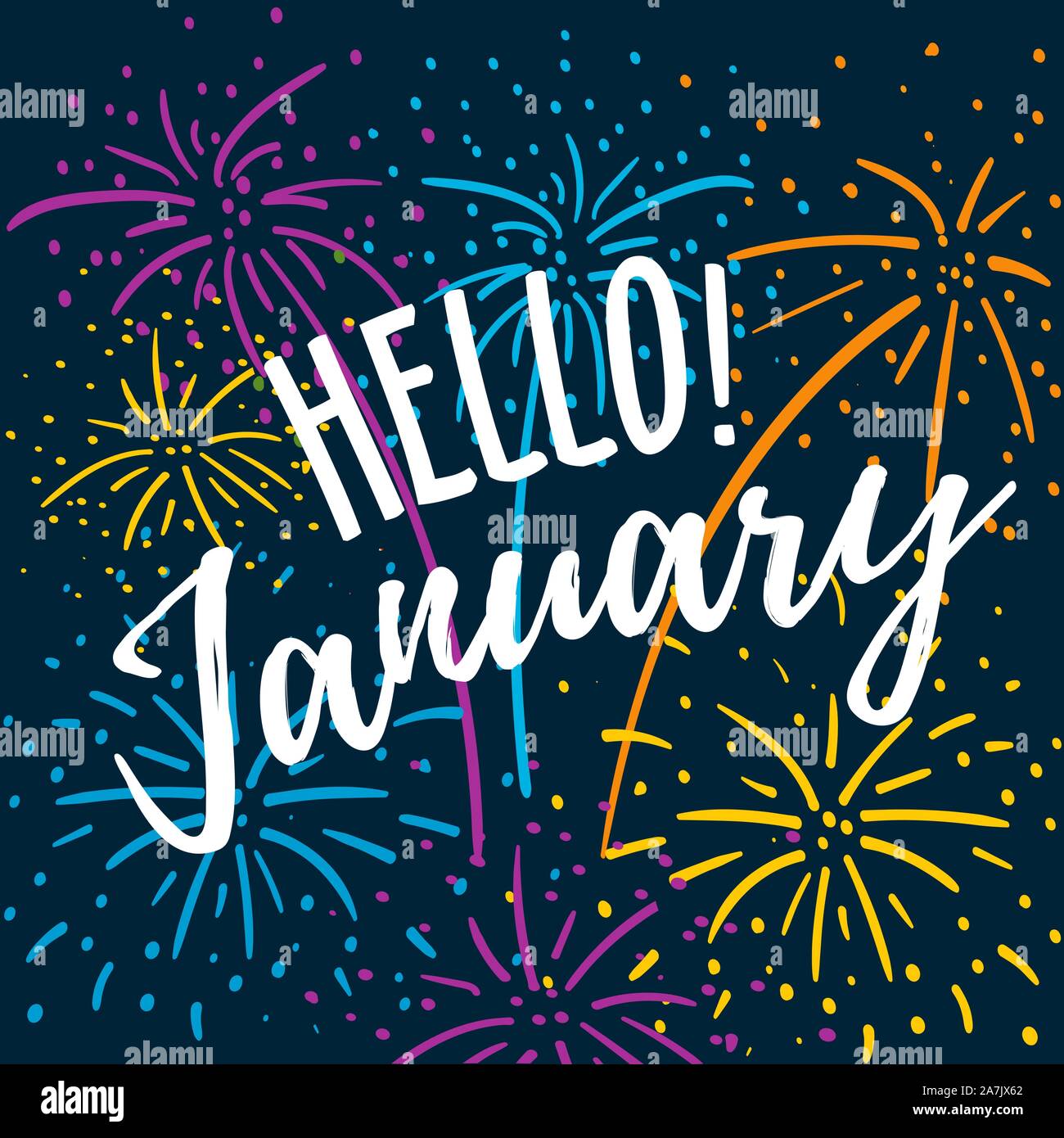 Hallo Januar hand schriftliches Angebot mit bunten Feuerwerk auf einem dunkelblauen Hintergrund. Hand winter inspirational Karte gezogen. Vector Illustration Stock Vektor