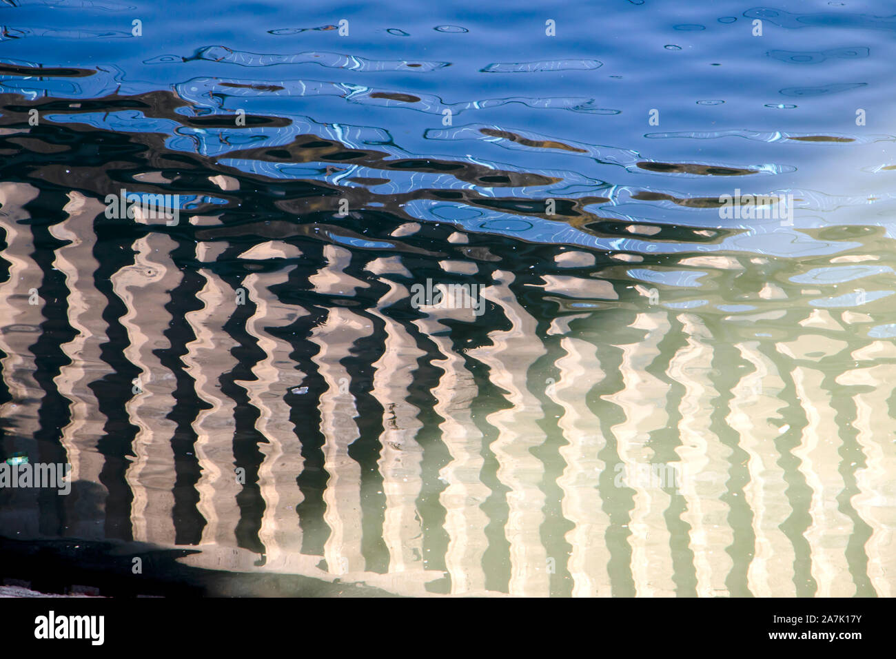 Verschwommene Reflexionen auf dem Fluss an einem sonnigen Tag Stockfoto