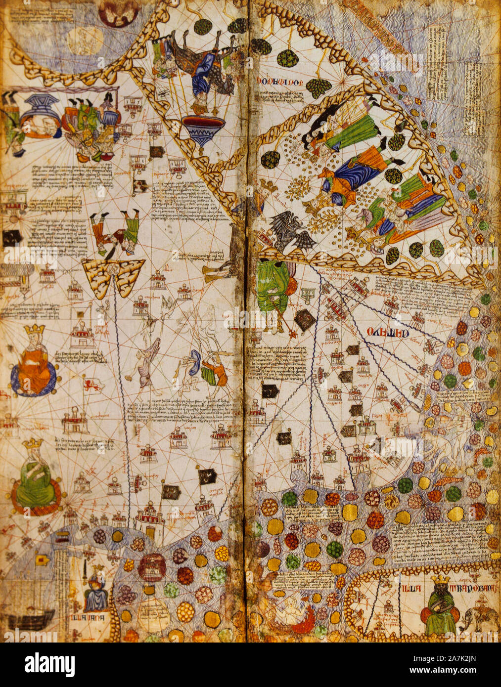 Katalanischer Atlas, mittelalterliche Weltkarte, erstellt im Jahr 1375. Fragment. Reproduktion im Museum des Hauses von Columbus, Valladolid, Spanien Stockfoto