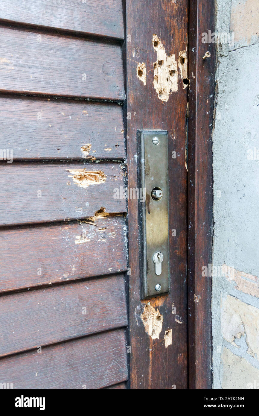 Terroranschlag in Deutschland, Bohrungen von Kugeln in der Tür der Synagoge Halle Saale, Deutschland Stockfoto