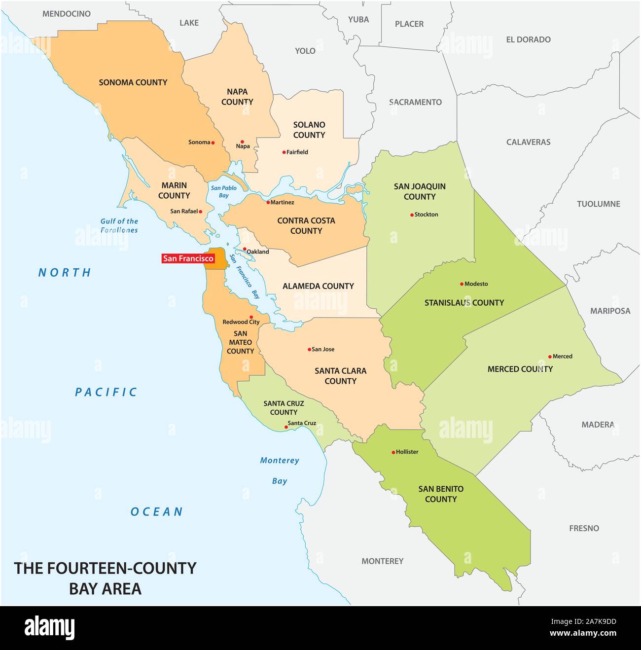 Administrative Karte der Region Kalifornien San Francisco Bay Area. Stock Vektor