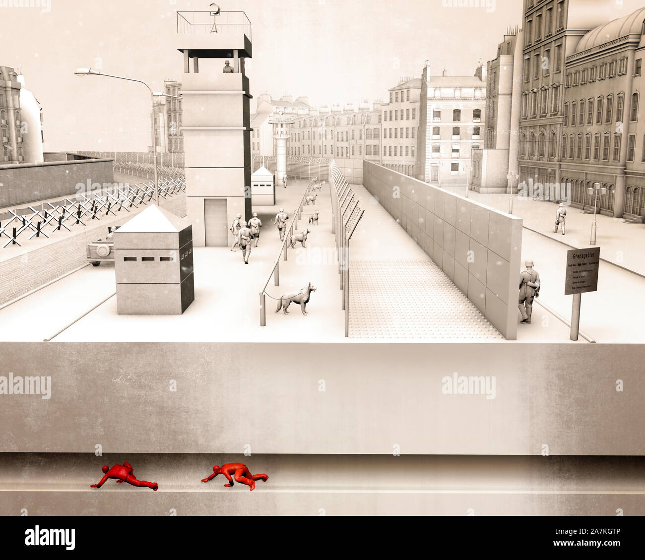 Die Berliner Mauer war ein bewachter konkrete Sperre, die physisch Berlin von 1961 bis 1989 unterteilt. Die Barriere inbegriffen Wachtürme militarisiert. Escape Stockfoto