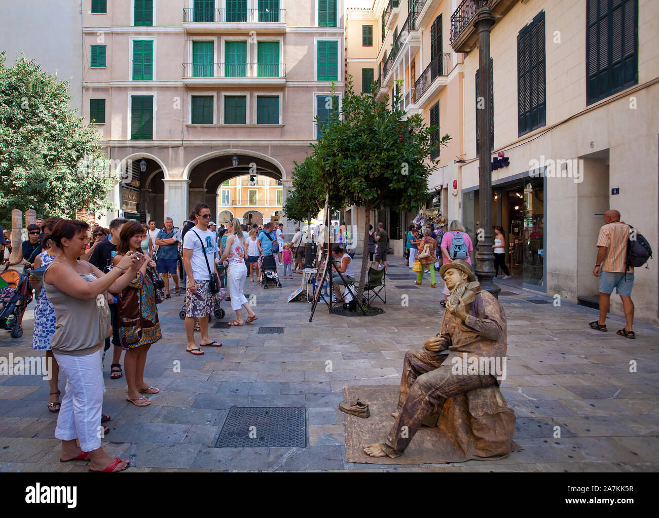 Street Performer an der Placa Major, menschlichen Statuen, Palma, Palma de Mallorca, Balearen, Spanien Stockfoto