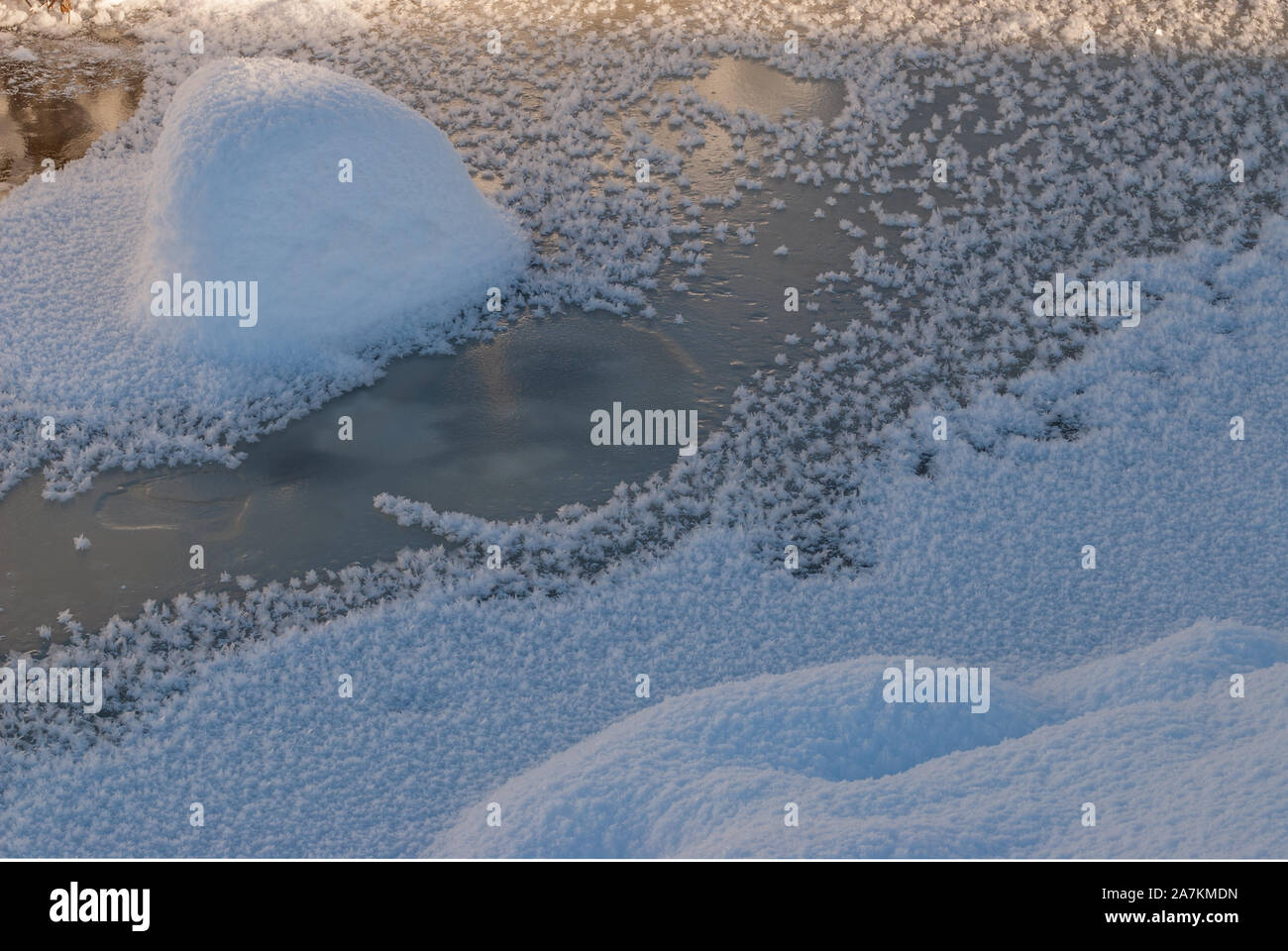 Eiskristalle auf gefrorenen Stream, Schottland, Großbritannien. Stockfoto