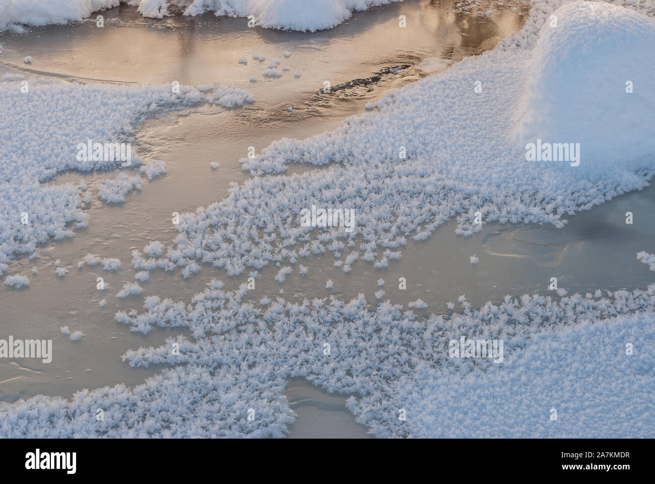 Eiskristalle auf gefrorenen Stream, Schottland, Großbritannien. Stockfoto
