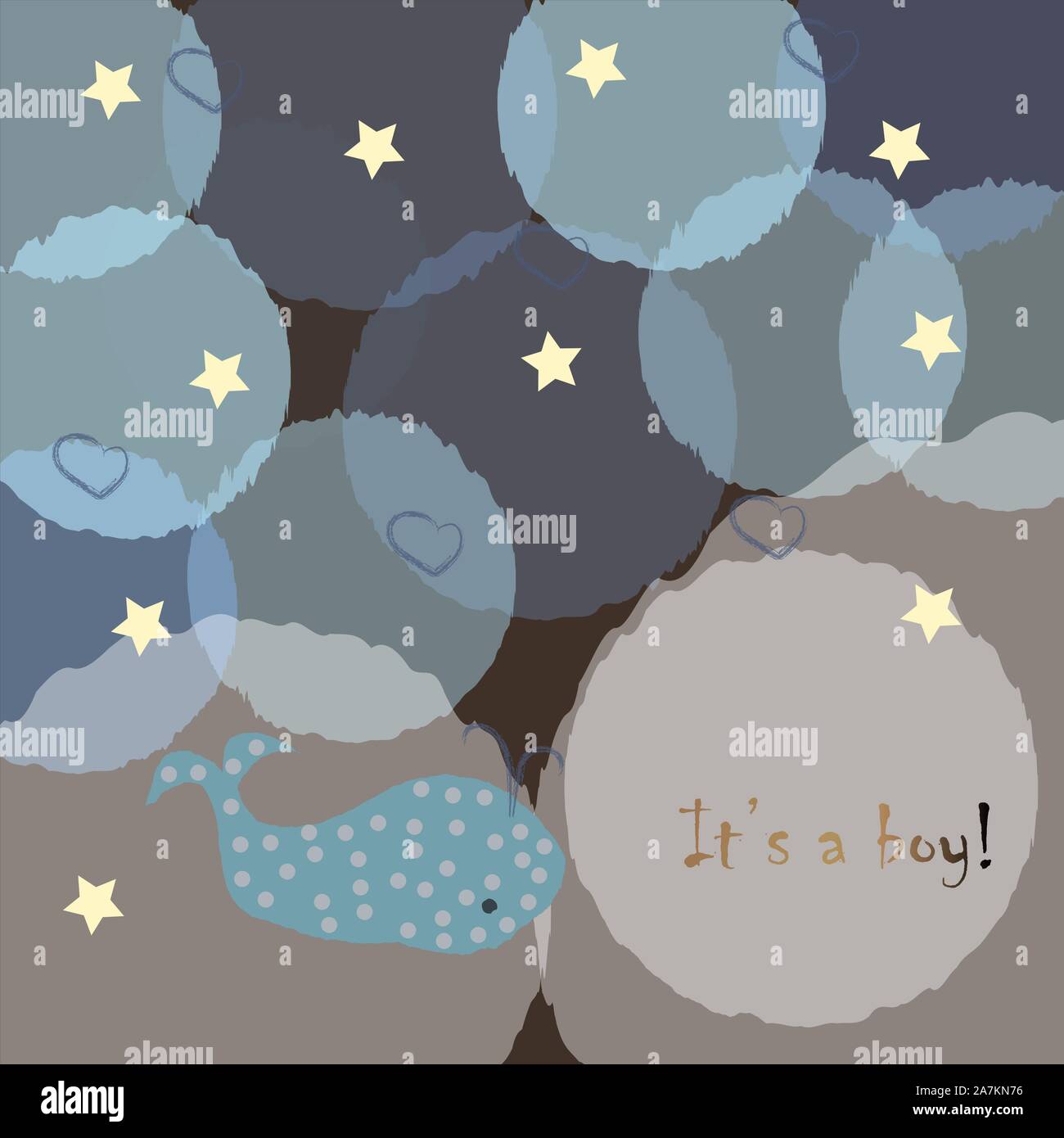 Baby Geburt Ansage. Baby-dusche-Einladung Karte. Cute Wal verkündet die Ankunft eines Jungen. Card Design mit Gold blau Nachricht. Blau Bac Stock Vektor