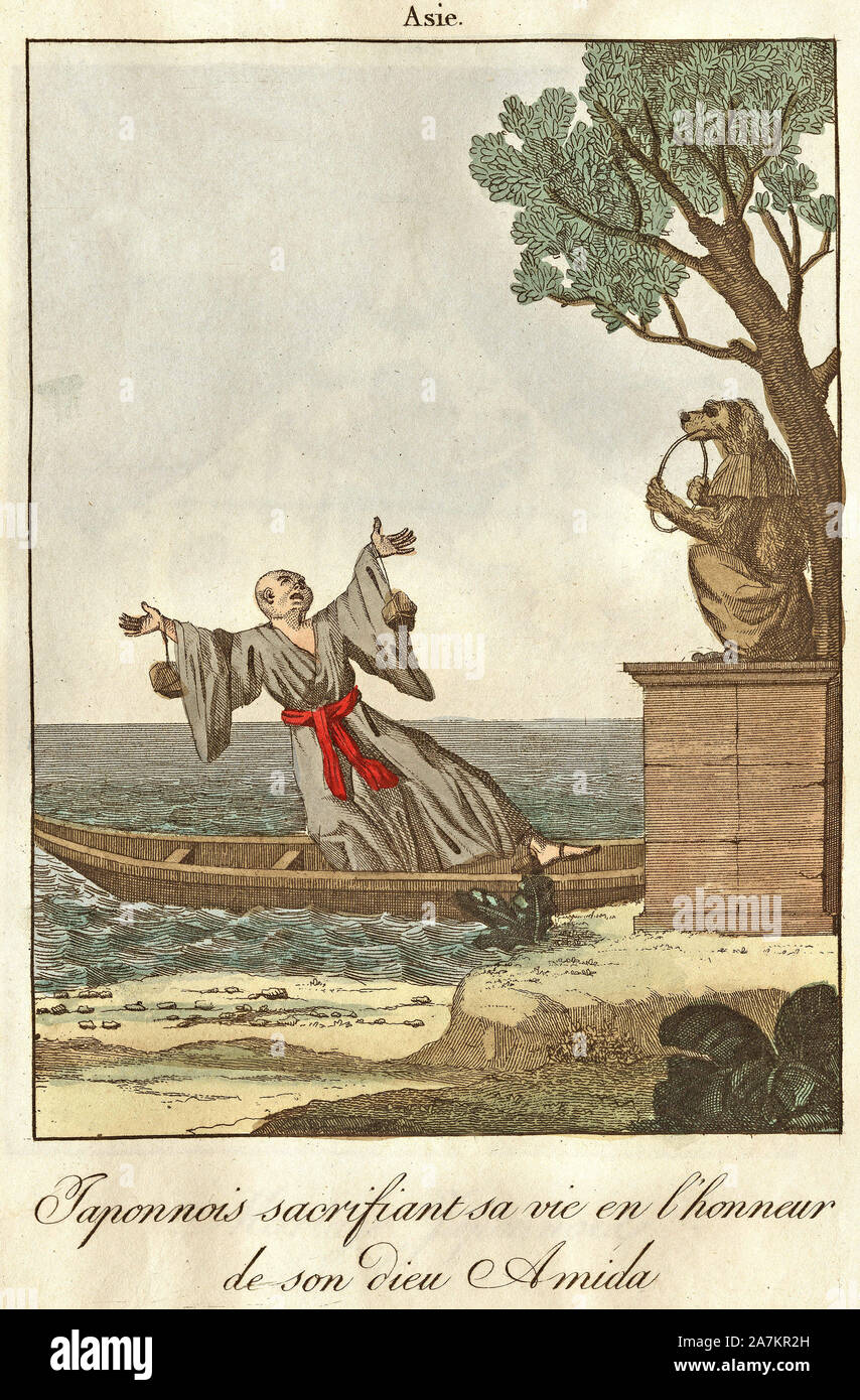 Darstellung d'un-Japonais se suicidant pour le dieu Amida. In 'Moeurs et coutumes de Peuples Hocquart, ed., 1811. Stockfoto